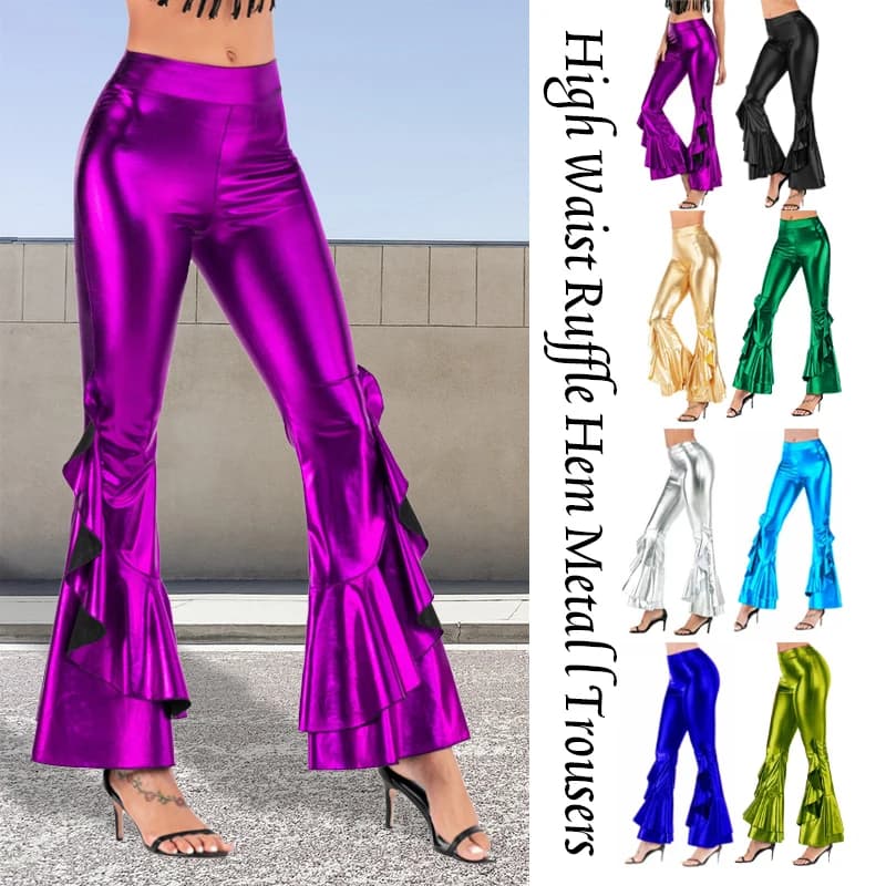 Mulheres brilhantes calças flare metálico sino bottoms plissado calças de perna larga retro 70s retro disco traje palco baile clube calças
