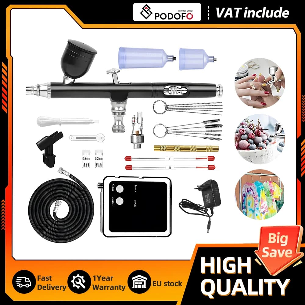 Kit de Aerógrafo de Ação Dupla Podofo, Pistola de Spray Pneumática para Arte em Unhas, Tatuagem, Pintura e Ferramenta de Pulverização de Tinta