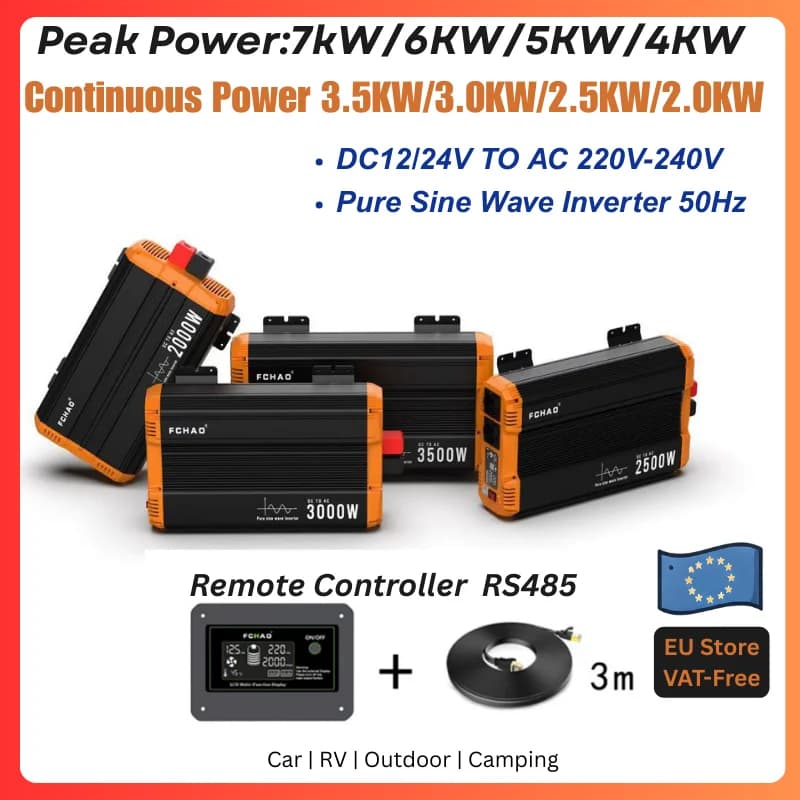 Inversor de Carro FCHAO 2000W/2500W/3000W/3500W 12V/24V para 220V 230V 50Hz, Conversor de Energia DC-AC de Onda Senoidal Pura com Display LCD e