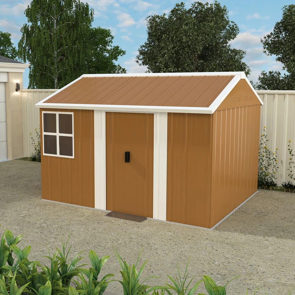 Armários de Jardim em Aço Metálico 300x240cm, Armário Externo à Prova de Intempéries com Janelas, Porta com Fechadura e Ventilação, Sem Piso,