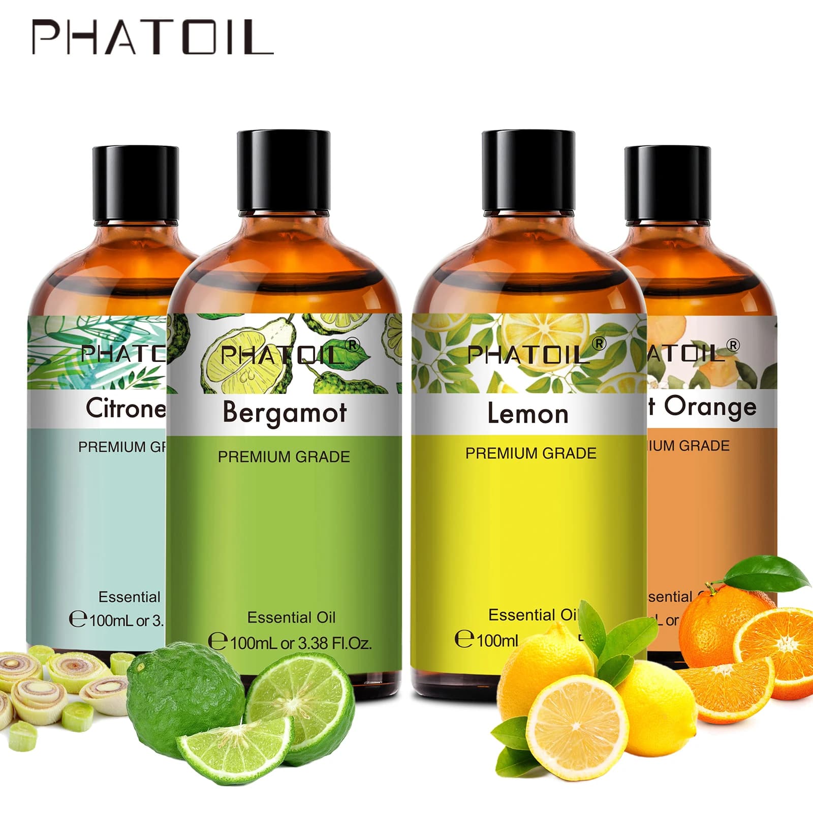 PHATOIL 100ml Óleo Essencial de Aromaterapia Vegetal para Difusor, Fabricação de Velas - Óleos de Bergamota, Citronela, Lavanda, Limão e