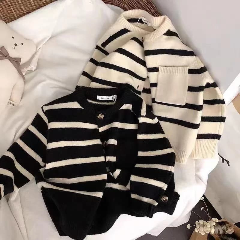 Versátil meninos meninas cardigan macio crianças listrado suéteres crianças moda casual jaquetas de malha 2024 nova primavera outono roupas