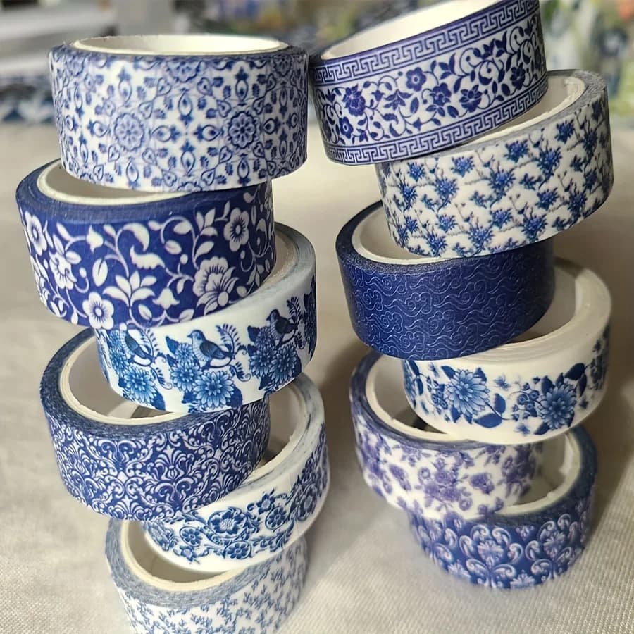 Conjunto de fitas Washi azuis e brancas; Bonitos designs chinoiserie; 12 rolos! Fita Decorativa; Diário, Scrapbooking