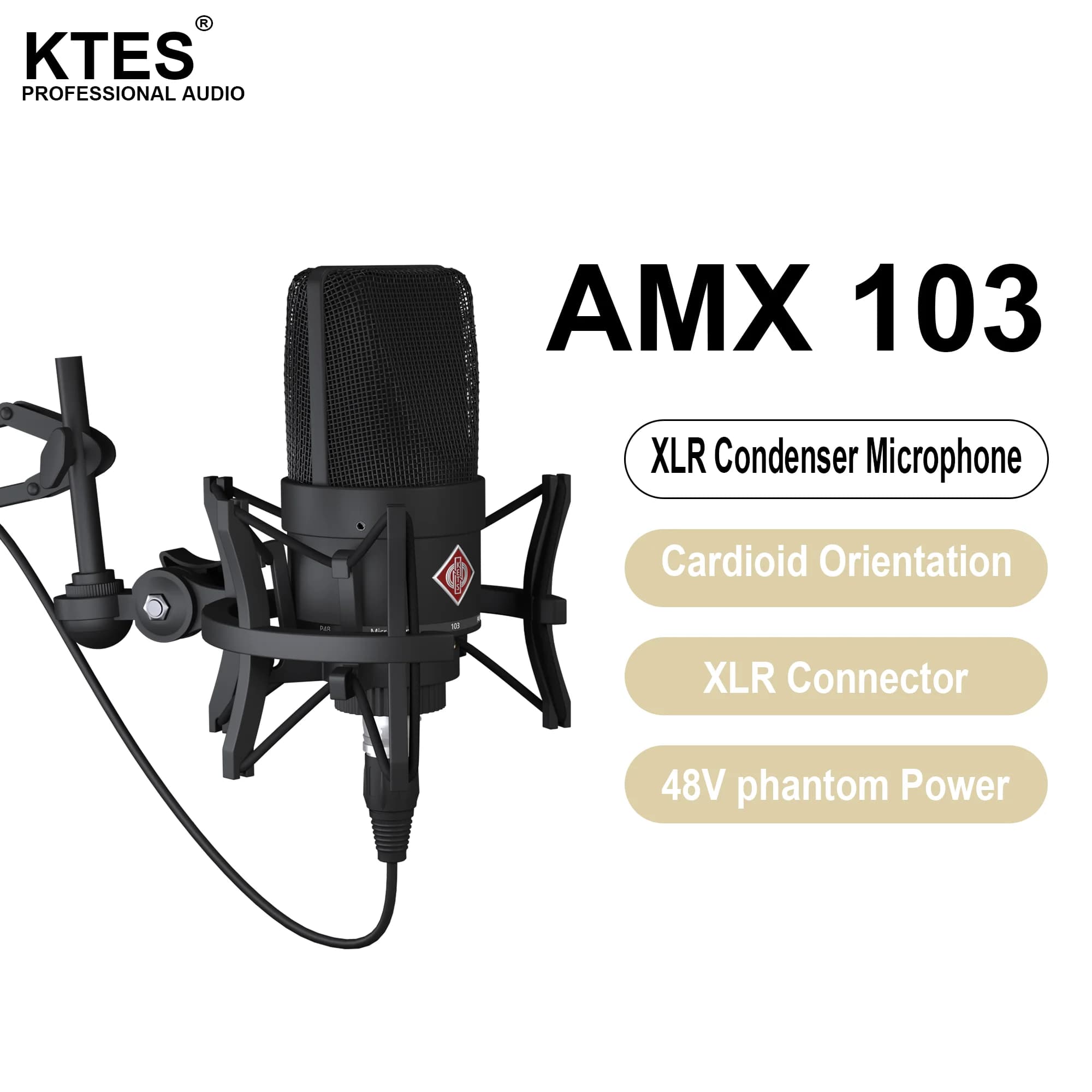 Microfone Condensador AMX 103 XLR com Alimentação Phantom de 48V para Interface de Áudio, Mixer, Gravação em Estúdio, Podcast, Streaming e