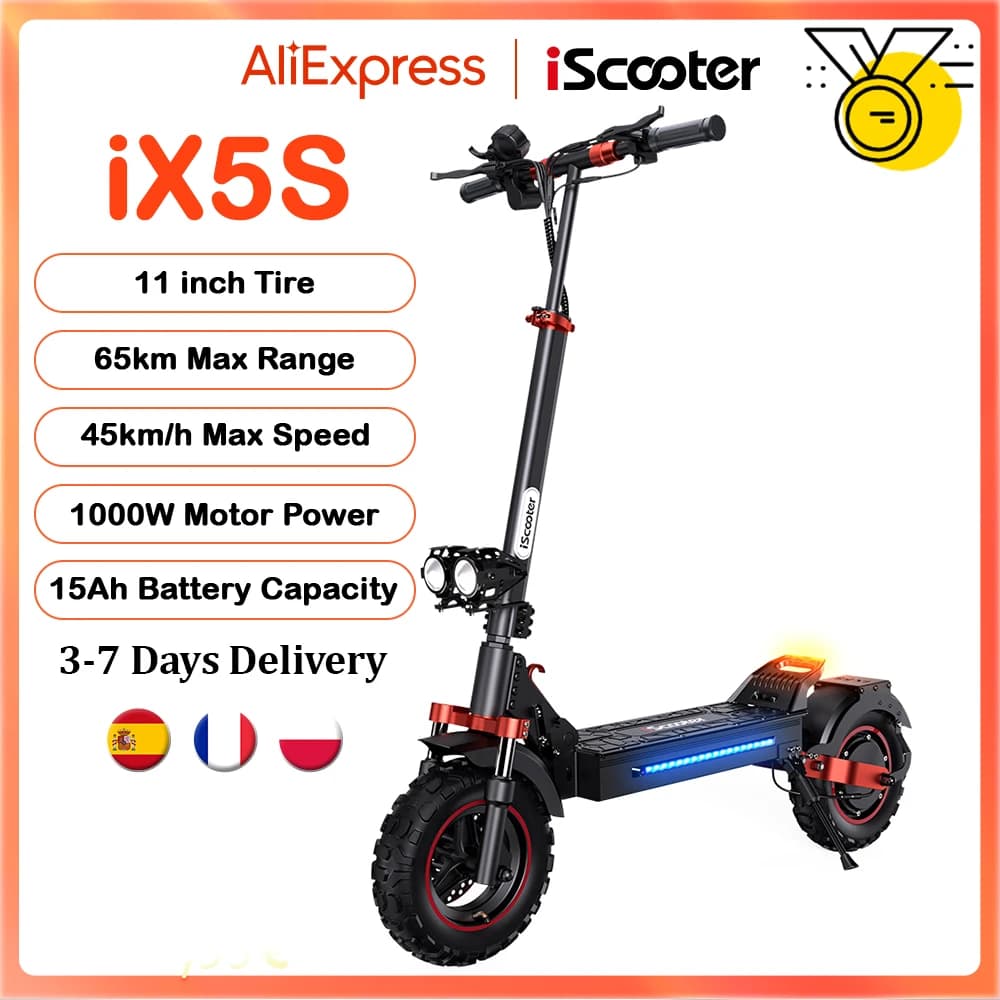 Scooter Elétrico iScooter iX5s 15Ah 1000W Potente, Antiderrapante, Pneus Pneumáticos para Off-Road, Alcance de 65km, 45km/h eScooter