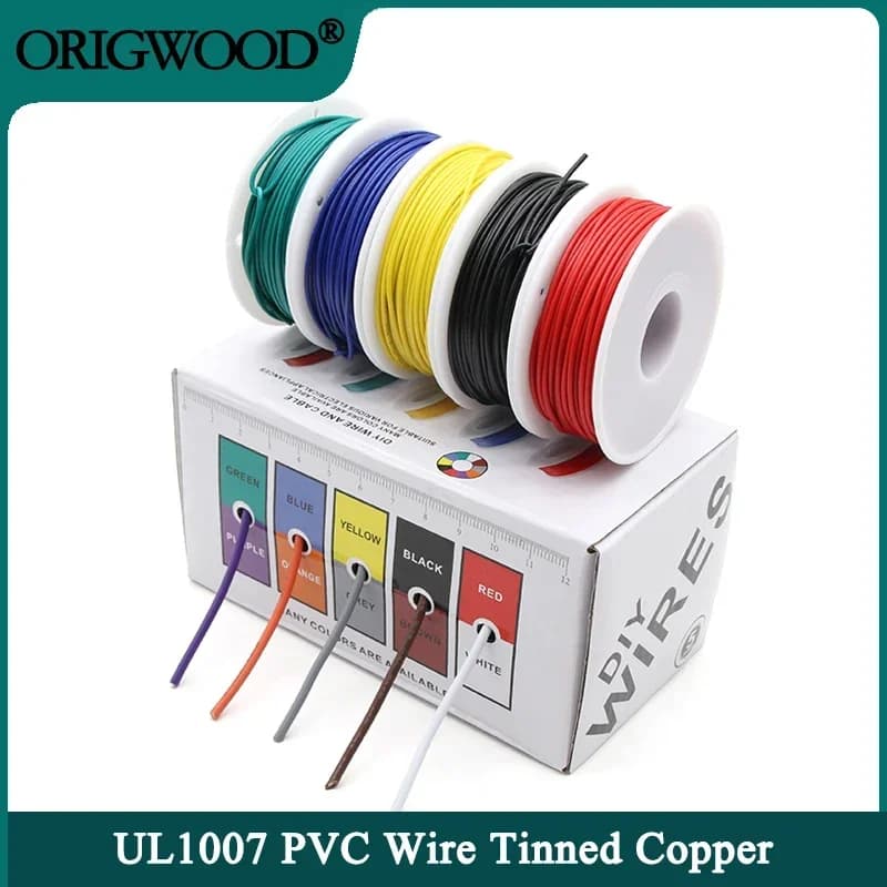 Cabo de cobre estanhado com isolamento de PVC UL1007 (kit de mistura de 5 cores) 30/28/26/24/22/20/18/16 AWG Fio PCB de linha elétrica trançada