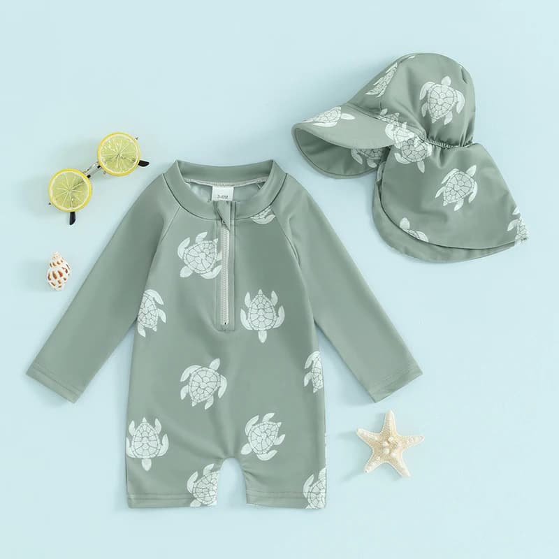 Tregren Maiô infantil de manga comprida com estampa de tartaruga/dinossauro para meninos e meninas, roupa de banho com touca de natação, roupa de
