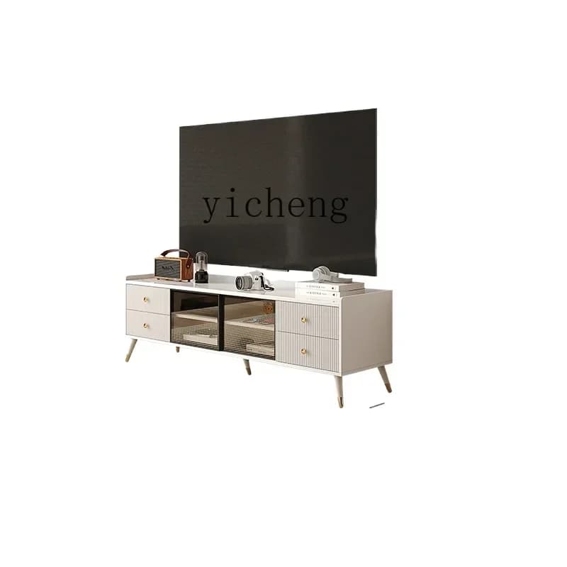 Rack de TV de Luxo Leve e Moderno para Sala de Estar de Apartamento Pequeno, Suporte de TV Simples com Tampo de Pedra para Chão
