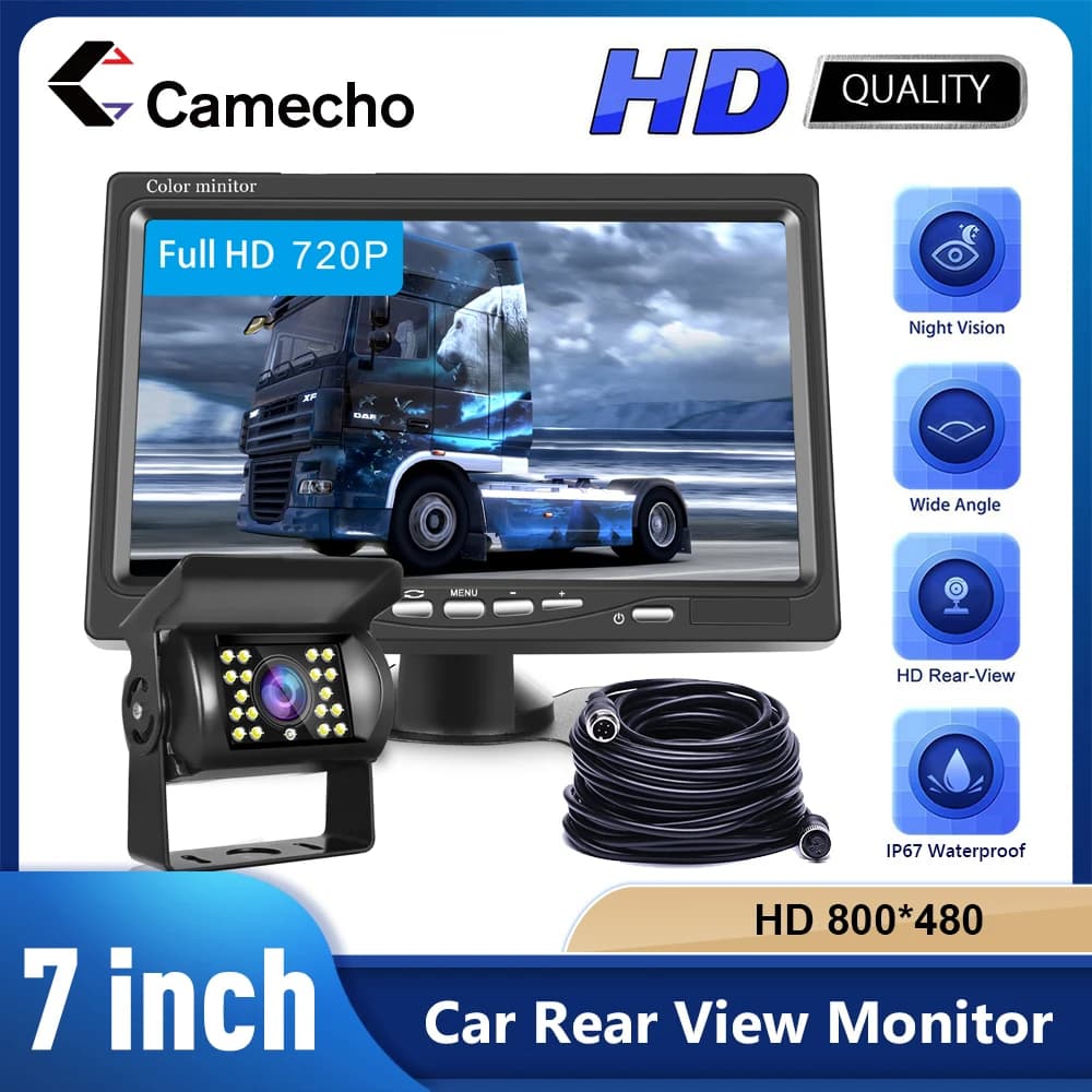 Camecho 7 Polegada monitor de carro visão traseira à prova dwaterproof água 4pin ir visão noturna câmera estacionamento reverso para ônibus