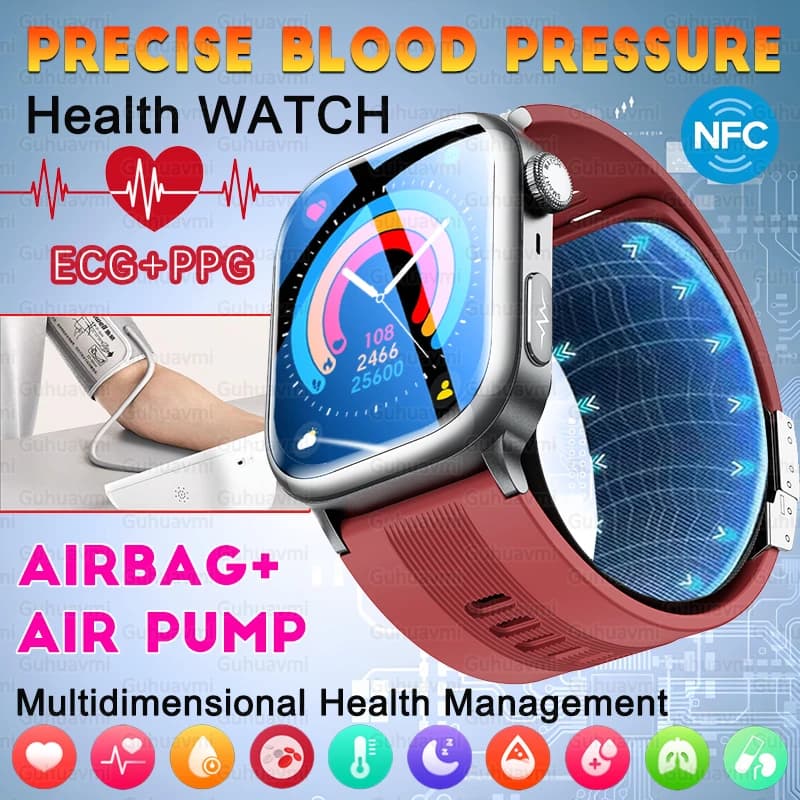 Nfc relógio inteligente bomba de ar + saco de ar preciso pressão arterial gordura saúde medida bt chamada esportes rastreamento vidro safira