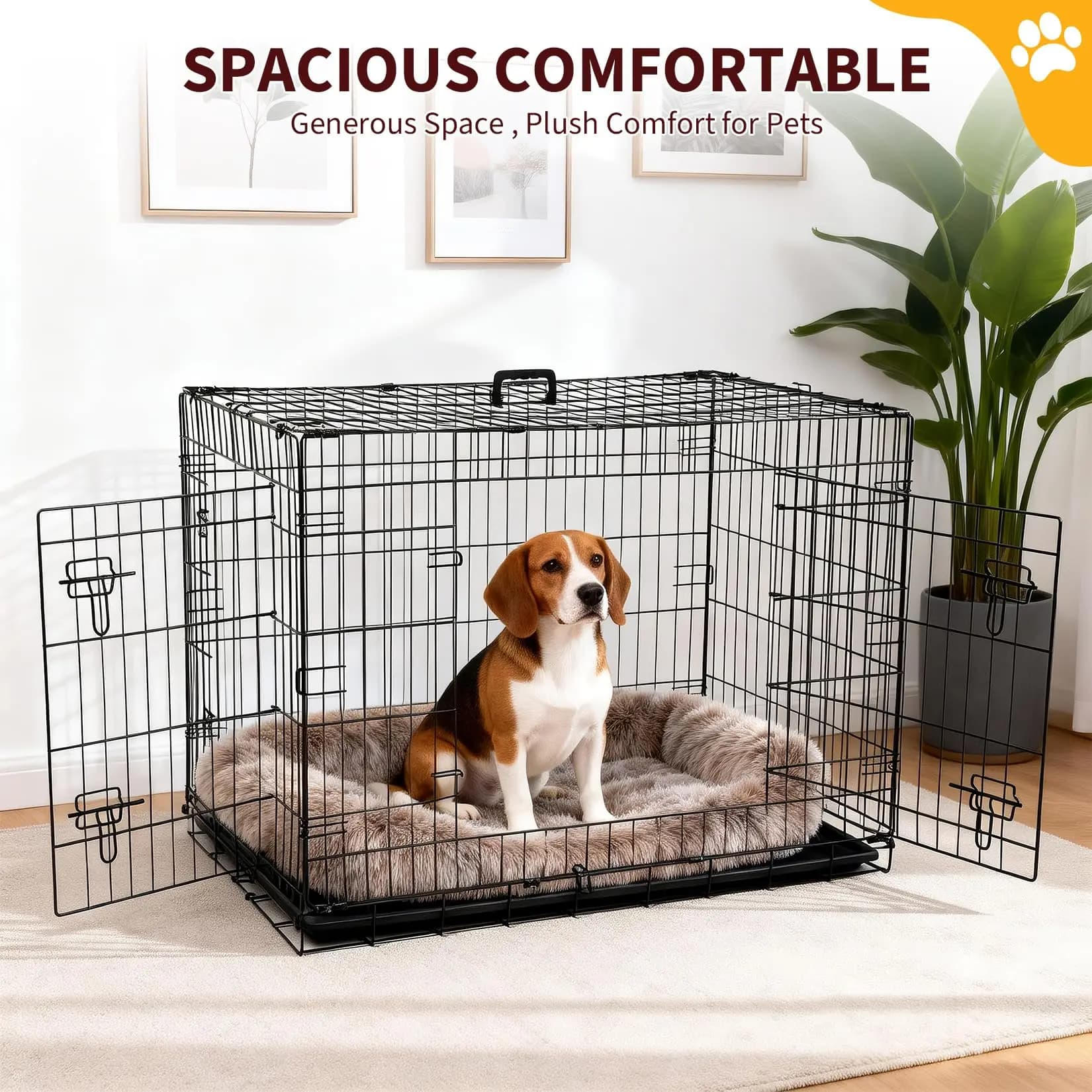 Gaiola para Cães de 24-48 Polegadas com Duas Portas, Dobrável, de Metal, com Bandeja Removível, Ideal para Transporte de Filhotes