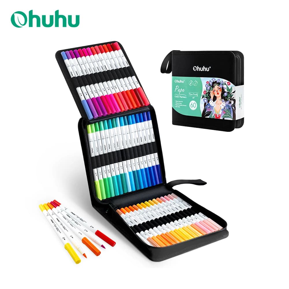 Ohuhu marcadores de papel à base de água marcadores de colorir escova dupla fineliner dicas marcadores livros de colorir marcadores de arte