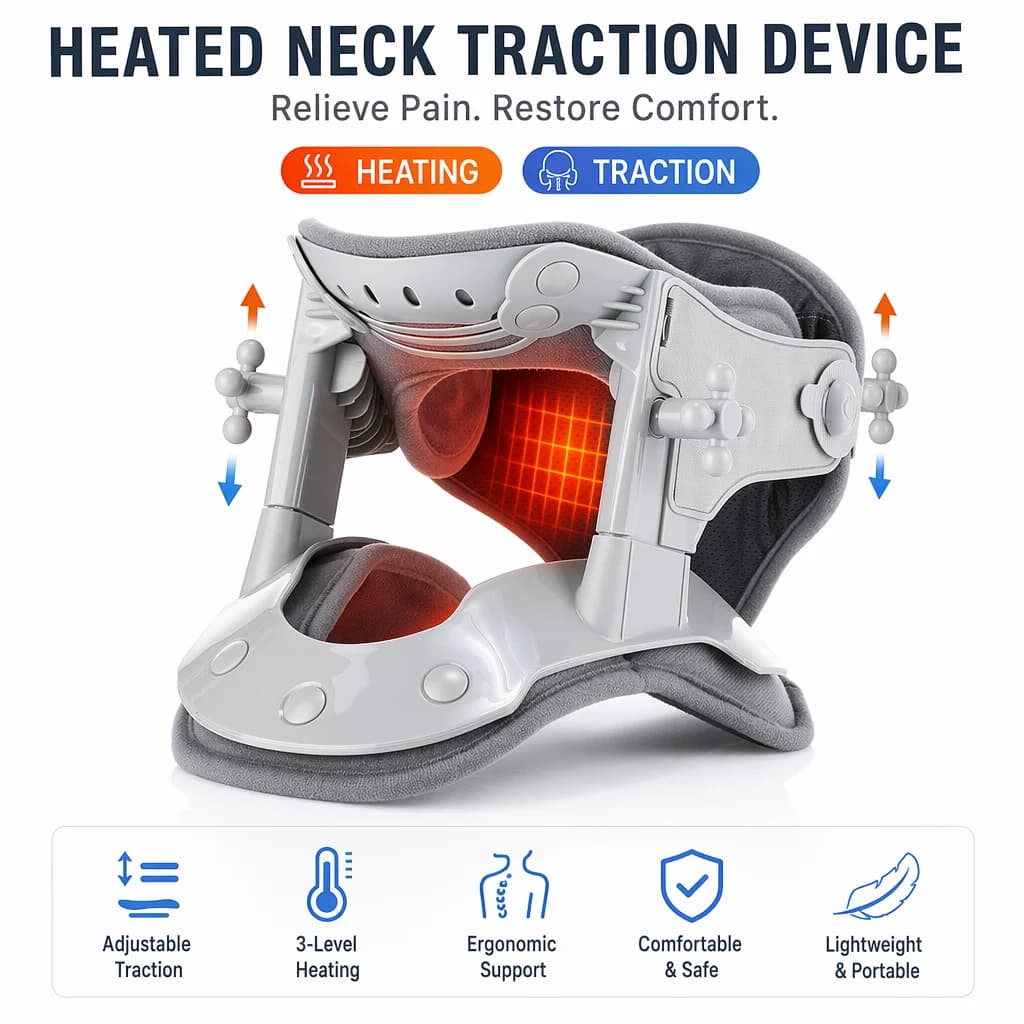 Dispositivo de Tração Cervical Ajustável com Aquecimento, Colar de Suporte para Relaxamento Muscular em Casa e no Escritório