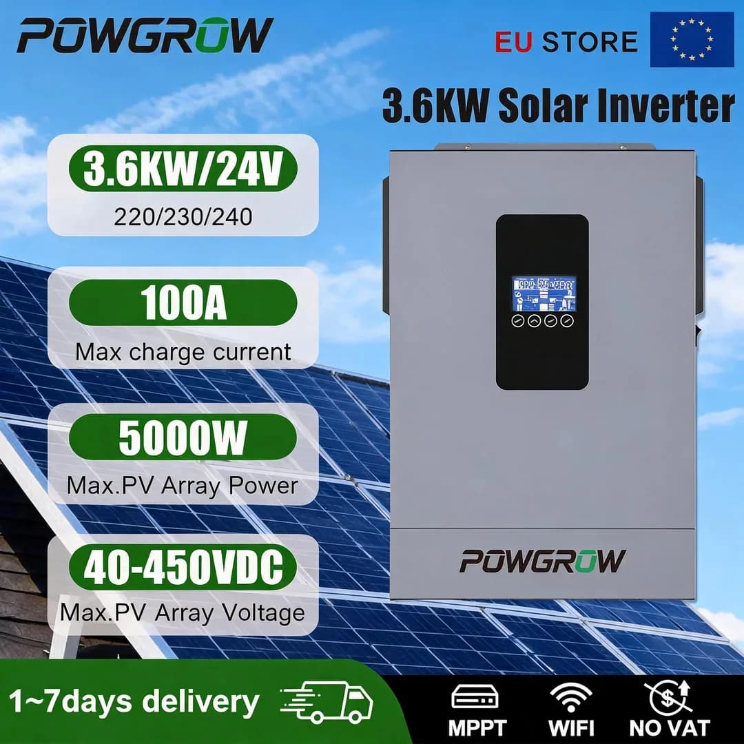 Inversor Solar POWGROW 3600W 24V com Carregador MPPT, Entrada de 40-450V, Módulo WiFi e Porta BMS para Solução de Energia Residencial Off-Grid