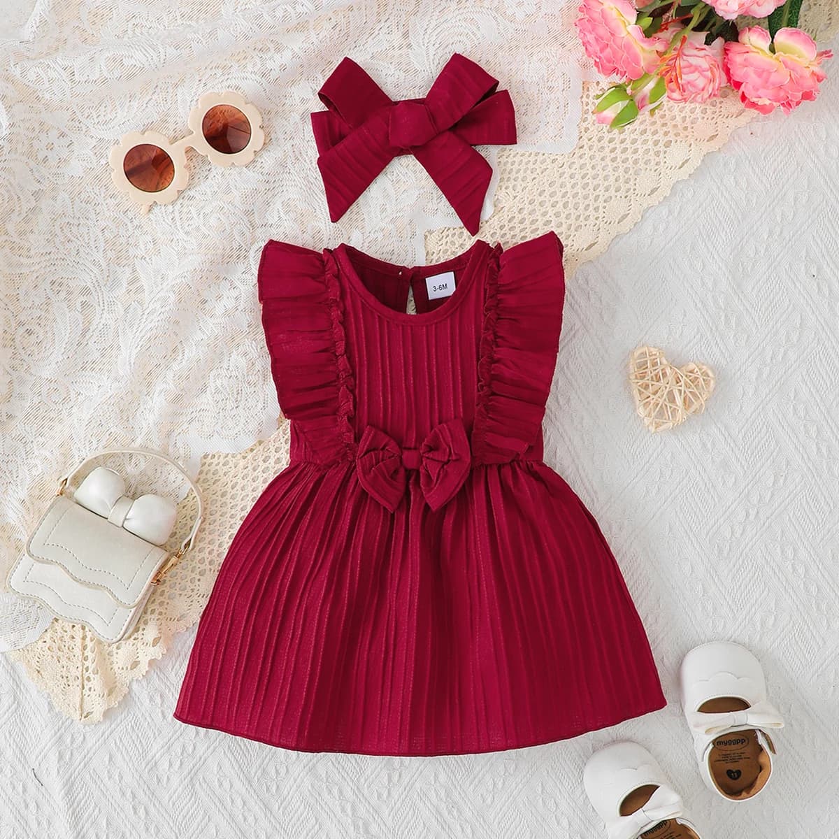 Vestido sem mangas para meninas, cor sólida, bordas com babados, moda verão + faixa de cabeça, 0-24 meses de idade, vestido de ano novo para