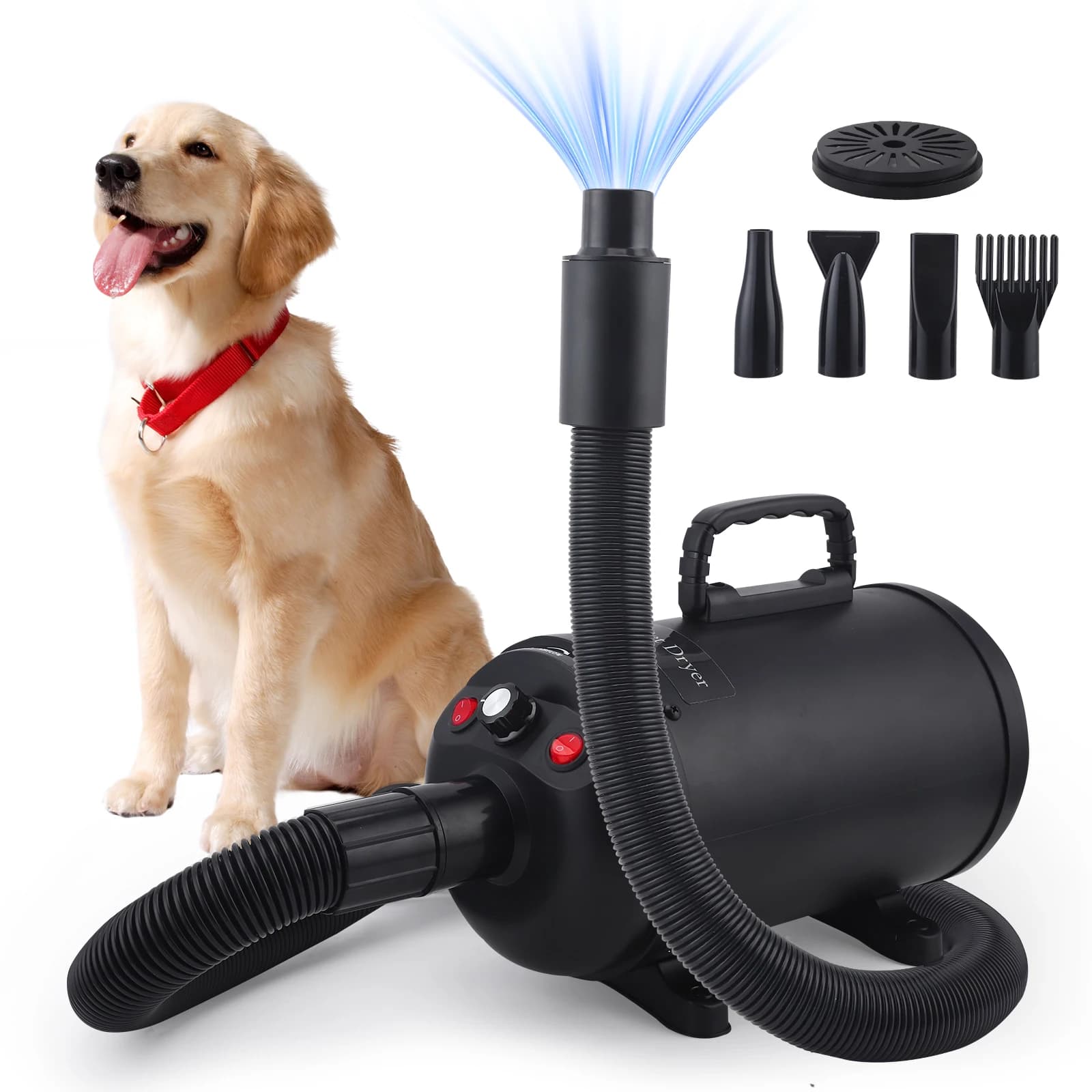 Secador de Cabelo para Cães Blaster 3800W/5.2HP, Secador de Pelos para Animais de Estimação com Baixo Ruído e Aquecedor de Temperatura, com 4