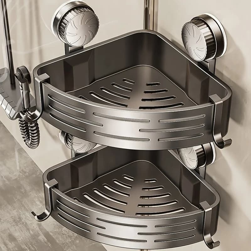 Rack de banheiro com ventosa para economia de espaço, com estrutura triangular resistente e haste de gancho, adequado para chuveiros e banheiros