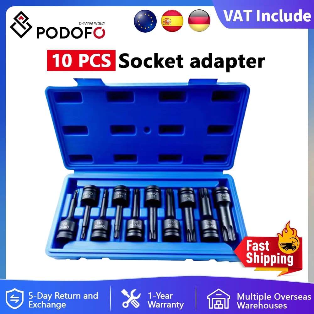 Podofo 10 pçs 1/2 Polegada unidade impacto torx estrela bit conjuntos de soquete T20-T80 conjunto de ferramentas manuais de metal para chave de
