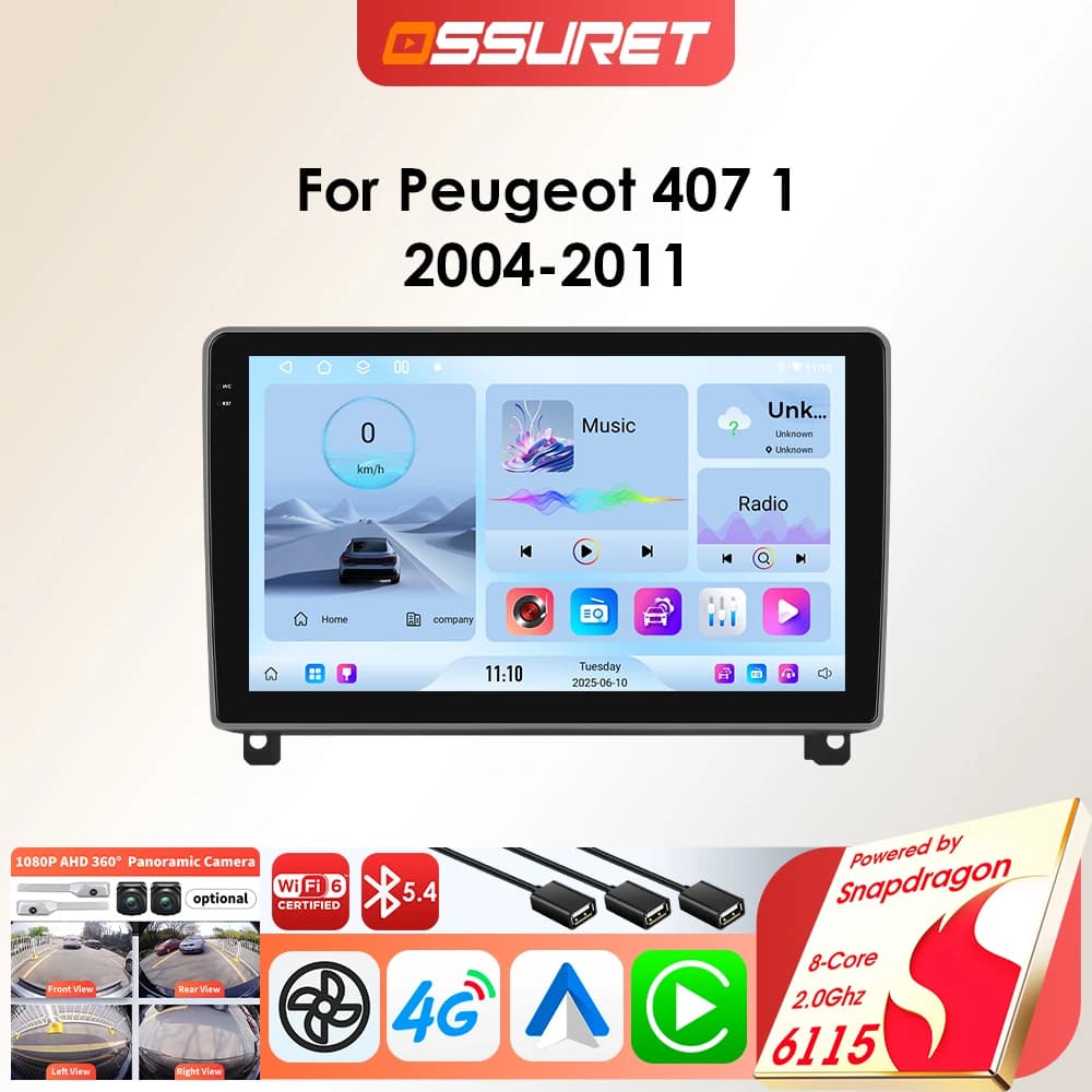 Ossuret android rádio do carro para peugeot 407 2004 -2011 multimídia android auto carro gps carplay autoradio player por snapdragon 6115