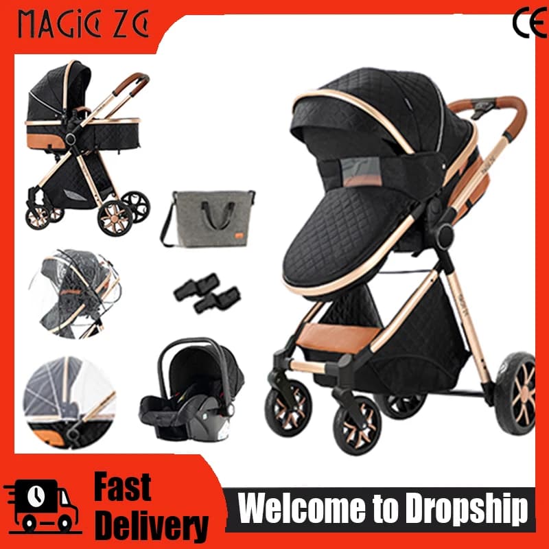Carrinho de Bebê 3 em 1 com Assento para Carro, Dobrável, Fácil de Transportar, Estável, Bidirecional, Compacto, com Capota, Sistema de Viagem