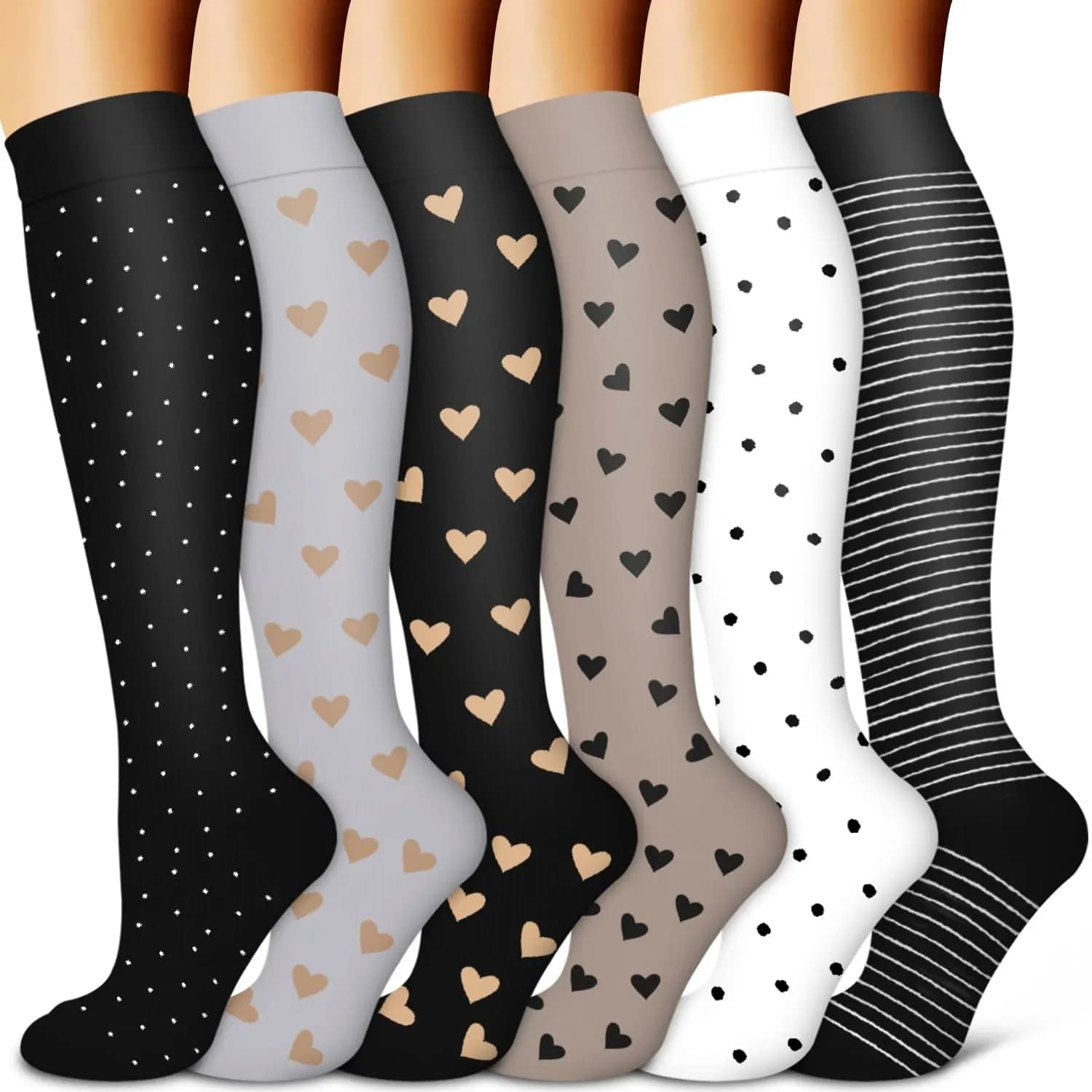 6 pares cor dourada coração meias de compressão mulheres enfermeira meia de compressão moda menina meias de compressão enfermeira