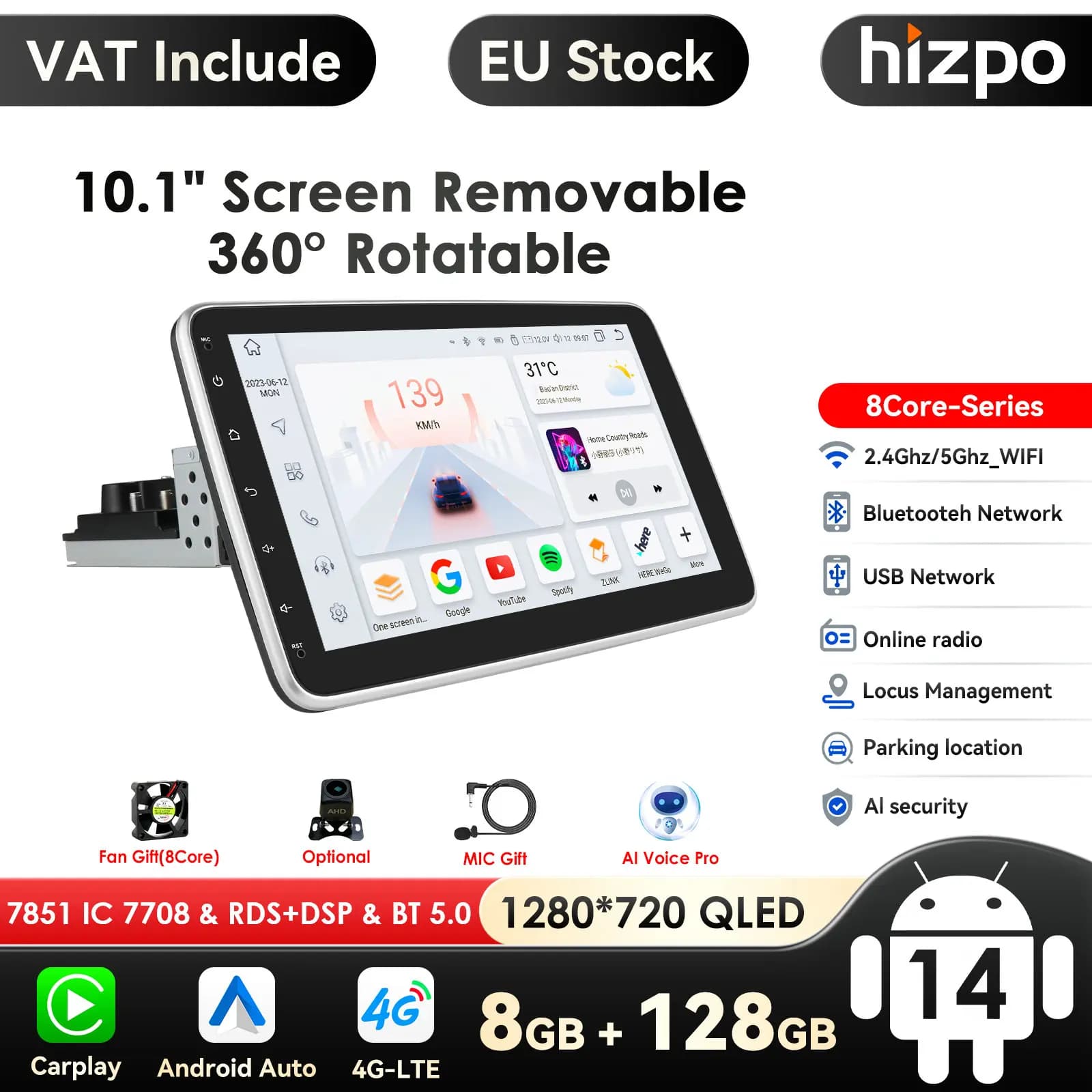 1 din android rádio estéreo do carro 10.33 girar tela de toque removível para universal carplay navegação gps bluetooth wifi autoradio gps dsp