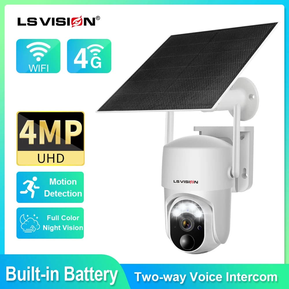 Ls visão 4g/wifi 4mp câmera de segurança com painel solar ao ar livre monitoramento de proteção de segurança sem fio, bateria embutida ptz cam