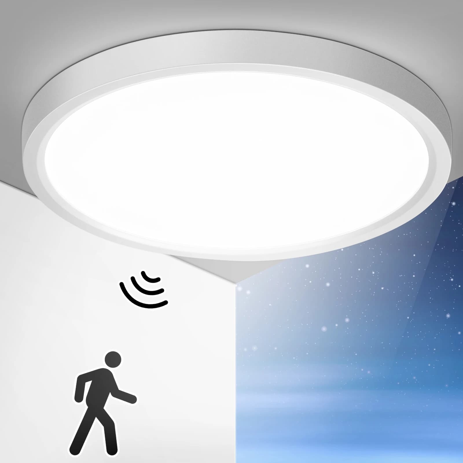 Luz de Teto LED de 24W com Sensor de Movimento por Radar, Lâmpada LED de 2400 LM com Sensor de Movimento Interno Redonda, 4000K, φ30CM