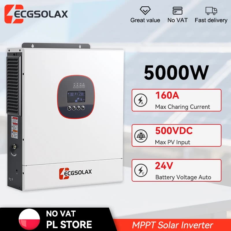 Inversor Solar Híbrido ECGSOLAX 5KW 24V 220Vac com MPPT 160A, Inversor Solar Híbrido com WIFI Integrado, Inversor Híbrido Off Grid