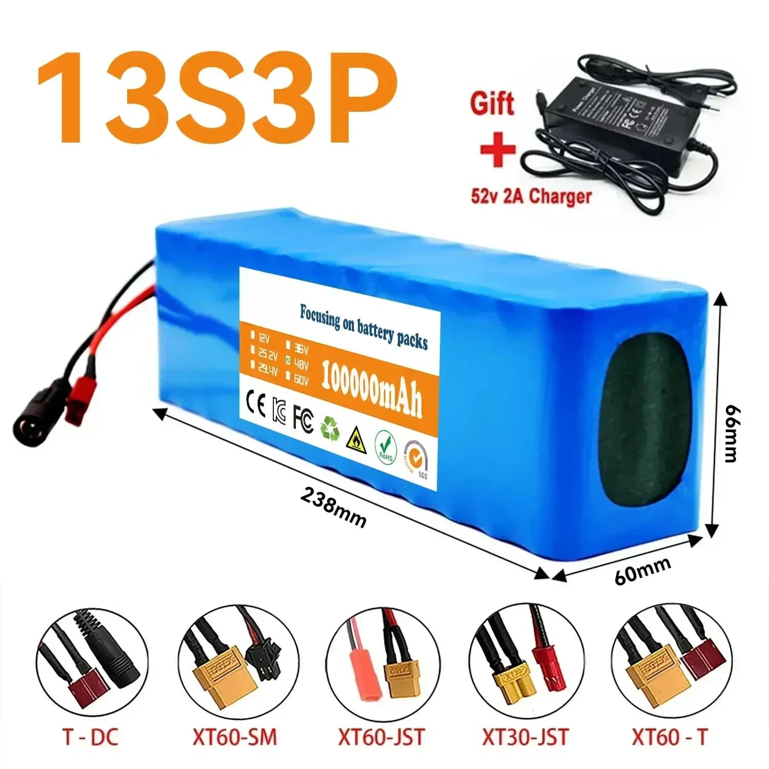 Bateria de íon de lítio 13S3P 48V 100000mAh 100Ah 1000W com BMS + carregador 54,6V