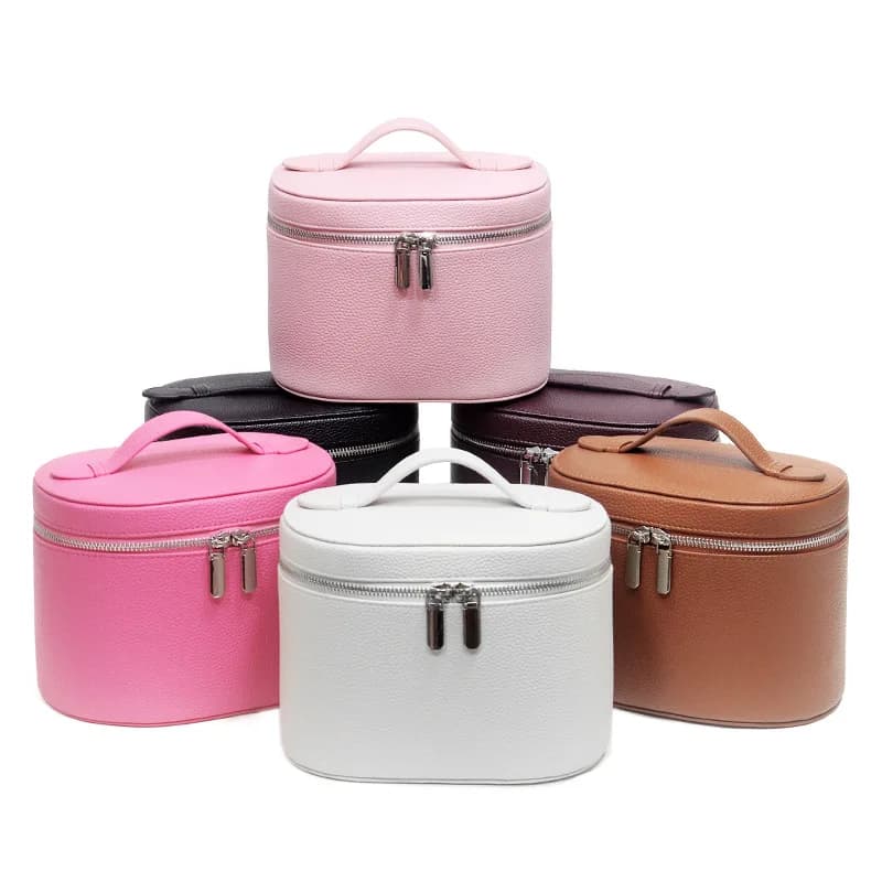 Bolsa cosmética de couro PU, bolsa de armazenamento cilíndrica portátil, multifuncional de grande capacidade, caixa cosmética com padrão de