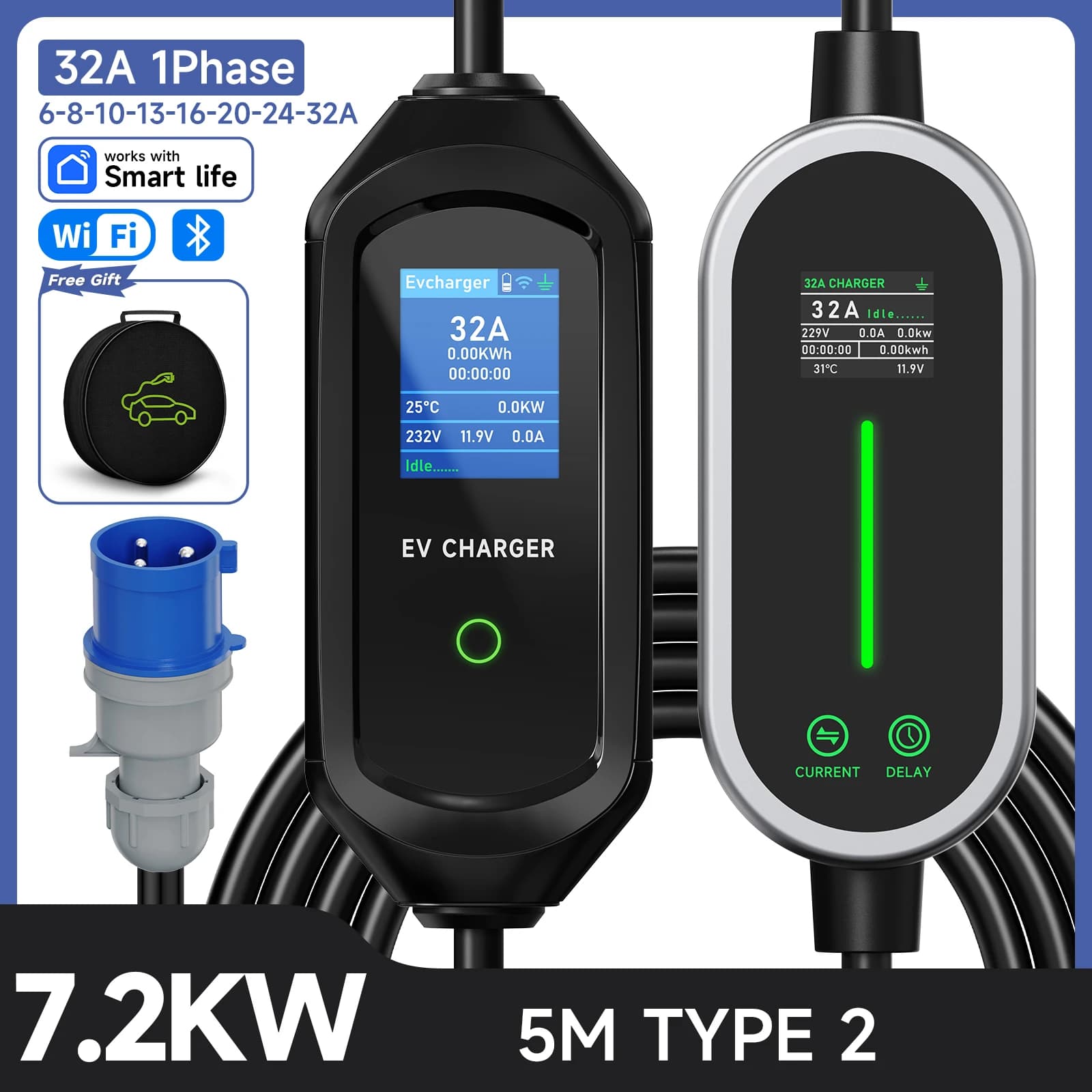 Carregador Portátil JNTAFEV 7.2KW 32A Tipo 2 para Carro Elétrico com Controle por Aplicativo WiFi e Bluetooth, Carregador de Parede de Carga Rápida