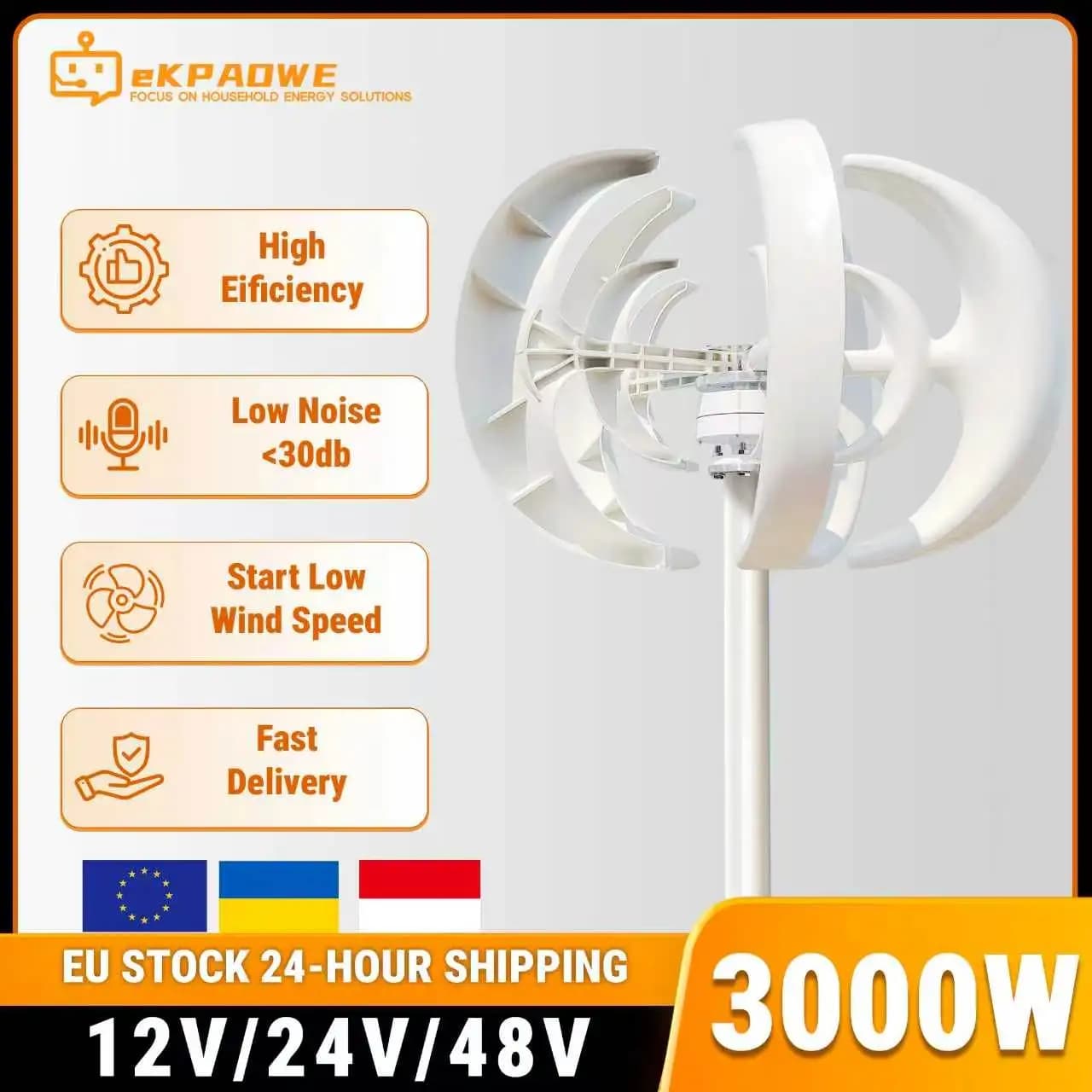 Gerador Eólico Vertical de Armazém na Polônia, Lanterna 3000W 12V 24V 48V, Sistema Off-Grid de Baixo Ruído Combinado com Sistema Fotovoltaico de