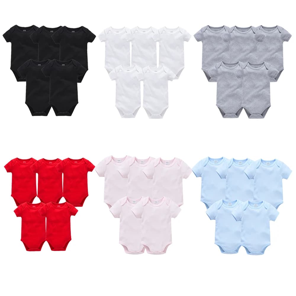 Conjunto de 5 Peças de Roupas para Bebês Meninos 100% Algodão Preto Sólido Manga Curta Bodies Lisos para Bebês Recém-Nascidos 0-24 Meses