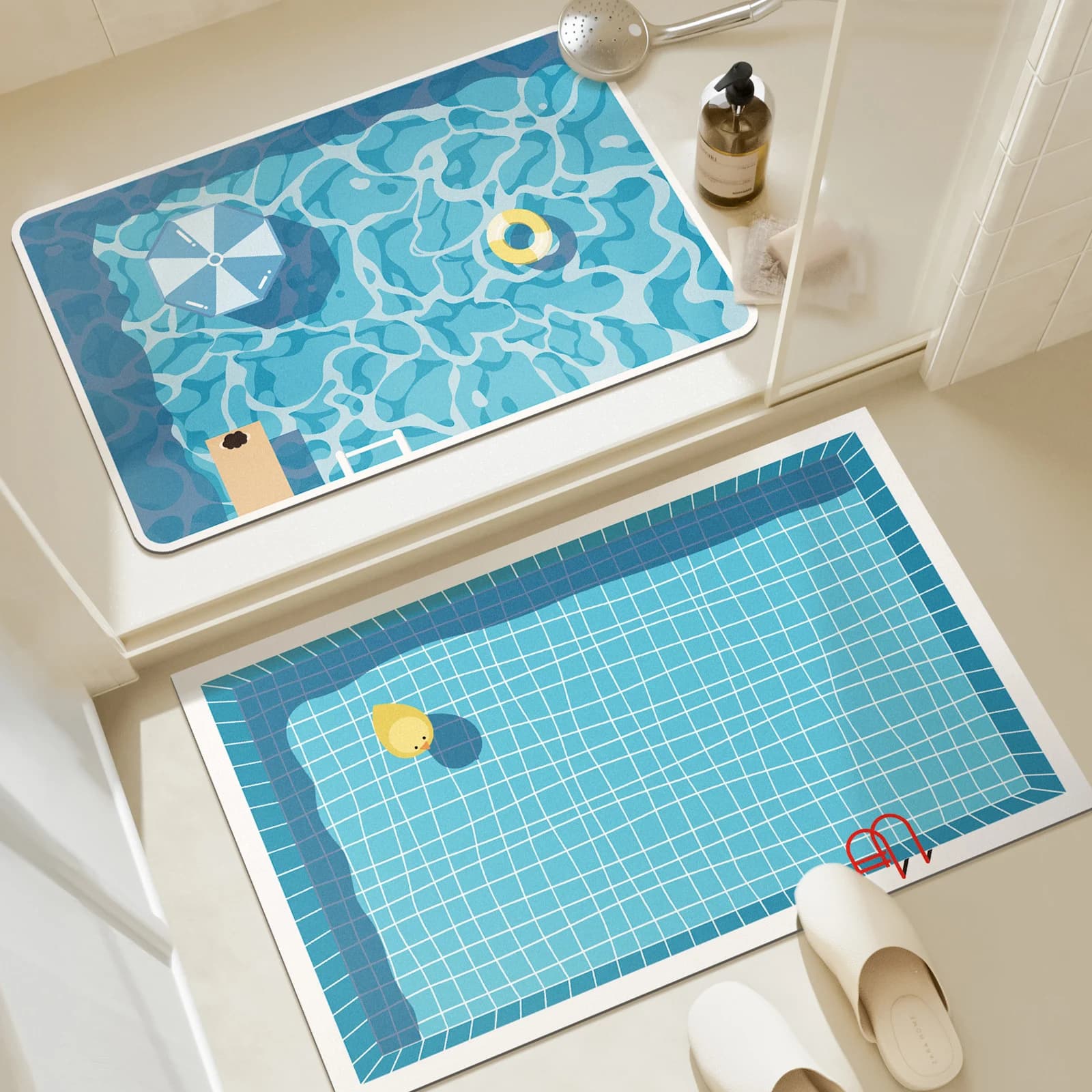 Tapete de borracha antiderrapante para banheiro, absorvente de água e secagem rápida, tapete de chão com estampa de piscina estilo desenho animado