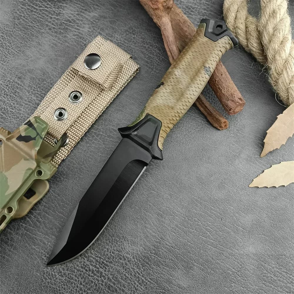 Camuflagem gb 1500 forte braço completo tang faca de lâmina fixa 8cr13mov lâmina preta alças de borracha tático caça facas militares