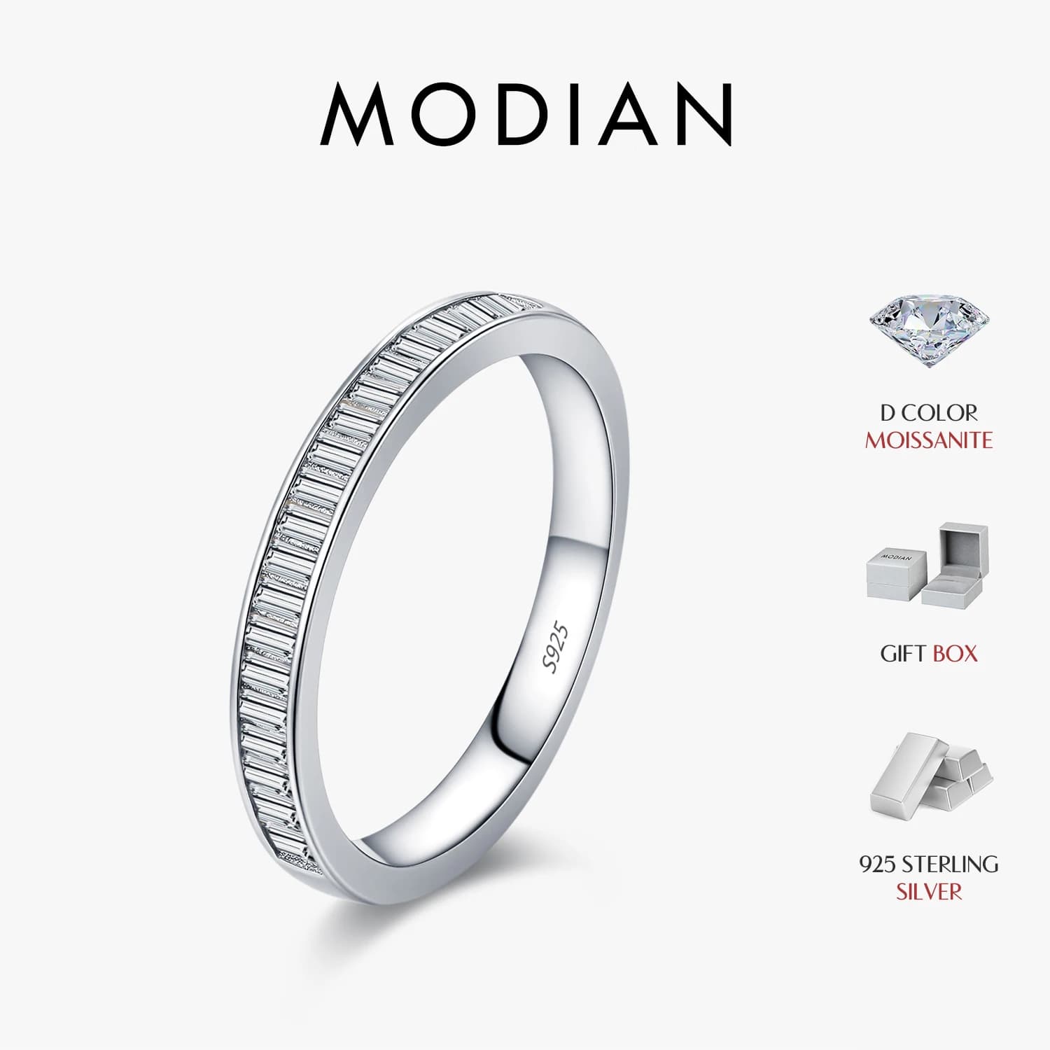 Modian deslumbrante d cor retângulo moissanite empilhável anéis 925 prata esterlina eternidade banda anéis para mulheres jóias finas