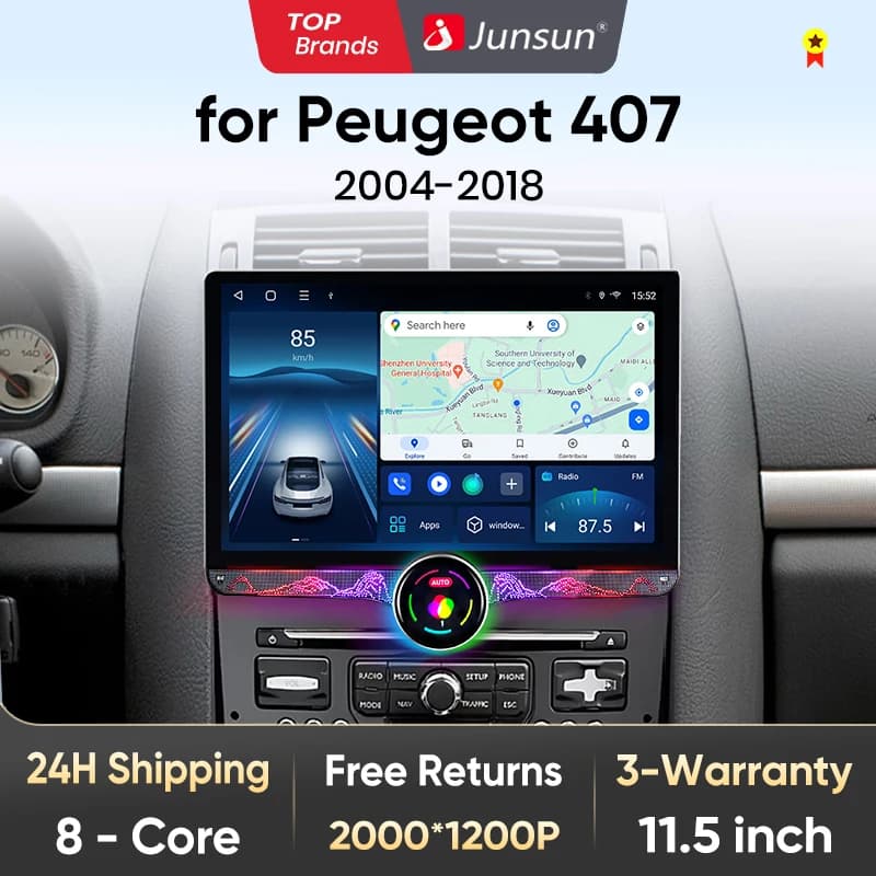 Junsun QLED 2K CarPlay sem fio para carro da Apple, Android 13, Auto rádio, estéreo multimídia, 8 Core, 4G, 11.5 ", Peugeot 407 2004-2011