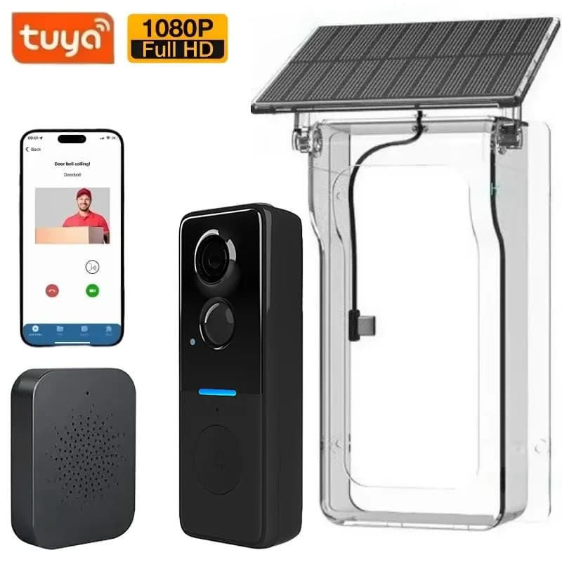 Tuya campainha sem fio ao ar livre capa solar 1080p vídeo porteiro 2 vias de áudio detecção movimento olho mágico câmera da porta wi fi