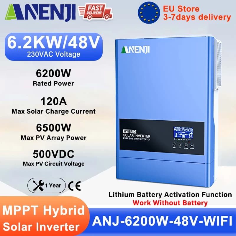 ANENJI 6.2KW 48V Inversor solar híbrido senoidal puro na rede fora da rede MPPT Inversor solar fotovoltaico 120A Carregador solar PV 500VAC