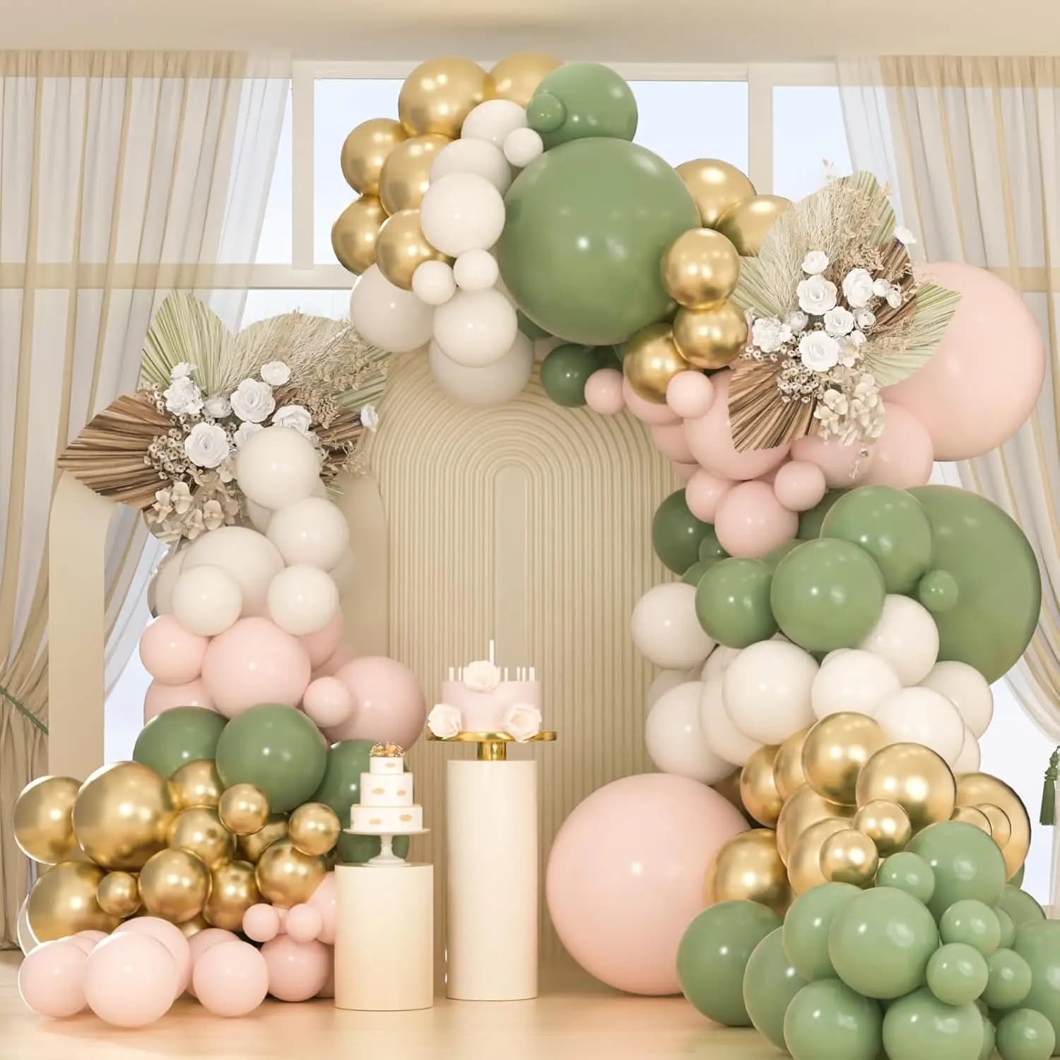 112 pçs sálvia areia verde branco ouro rosa balões arco kit para aniversário casamento chá de bebê gênero revelar decoração de festa de