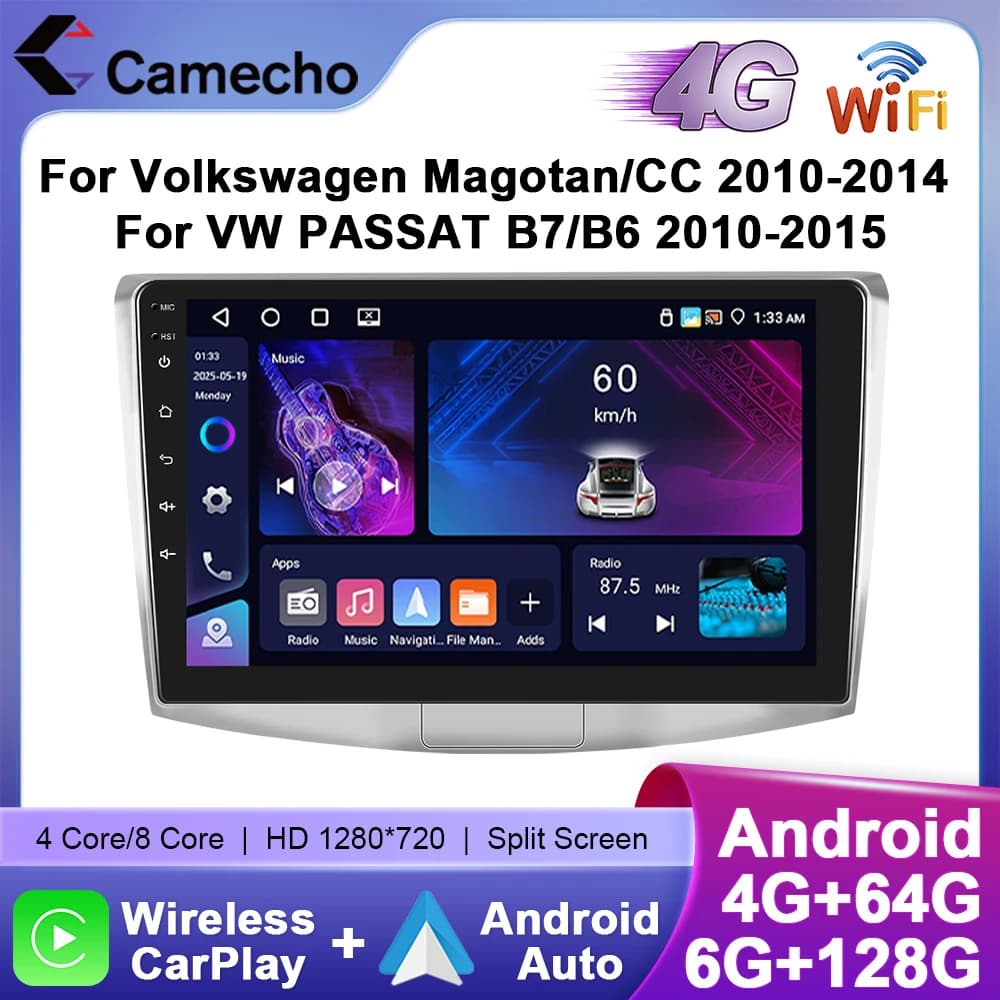Camecho sem fio carplay android auto rádio do carro para volkswagen magotan/cc 2010-2014 vw passat b7/b6 2010-2015 gps estéreo 4g wifi