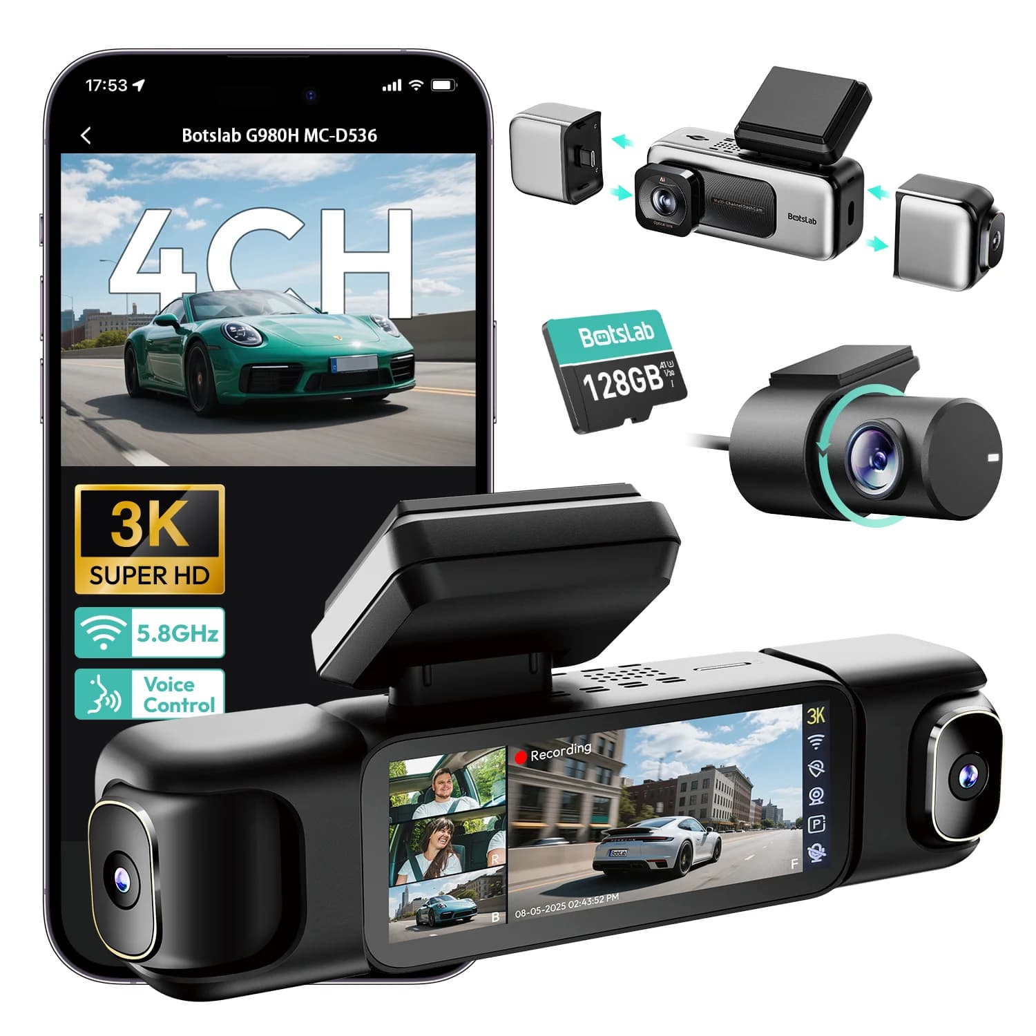 Botslab G980H Câmera Veicular de 4 Canais 560 °   Câmera de Carro Frontal/Traseira/Esquerda/Direita com Visão Noturna, GPS, Controle por Voz,