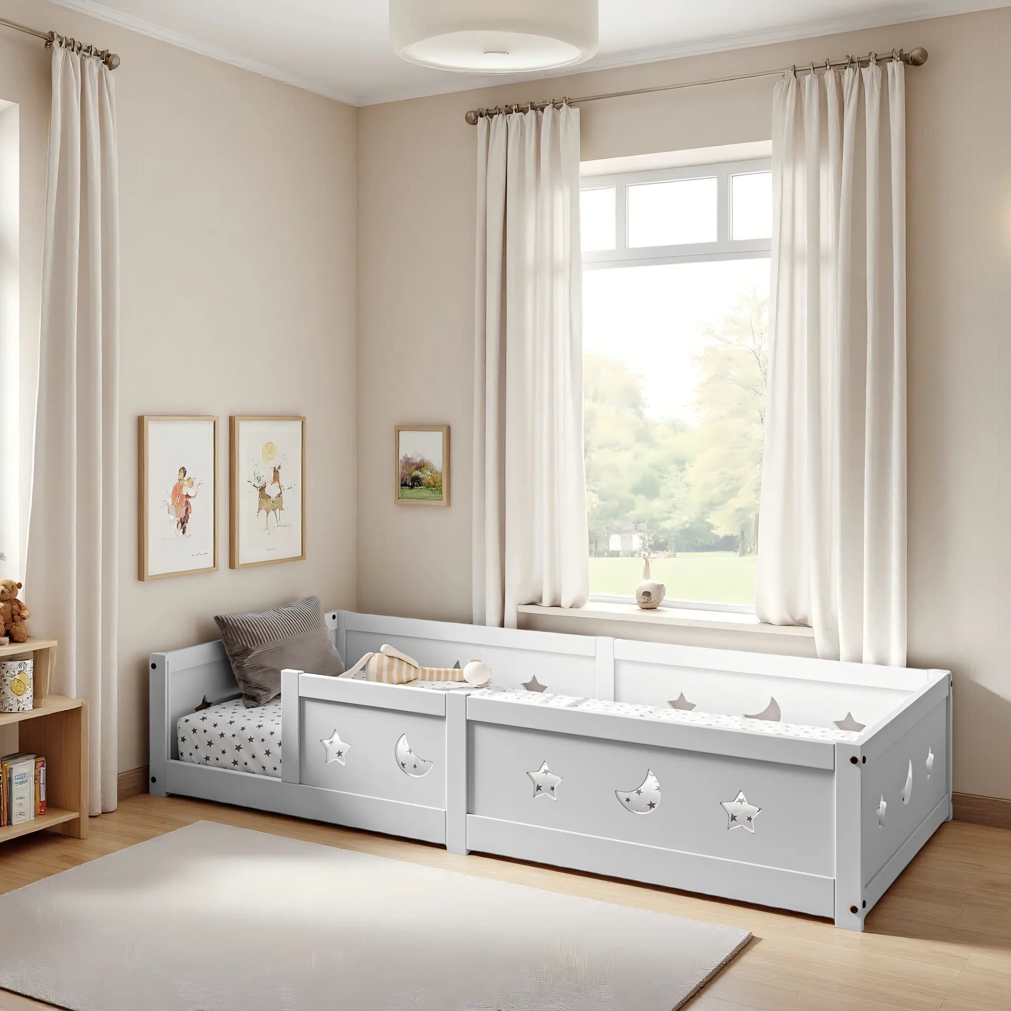 Cama Infantil 90x200cm/140x200 cm - Cama com Grades de Proteção e Estrado de Ripas, Cama Infantil de Madeira, Estrado de Ripas, Proteção Contra