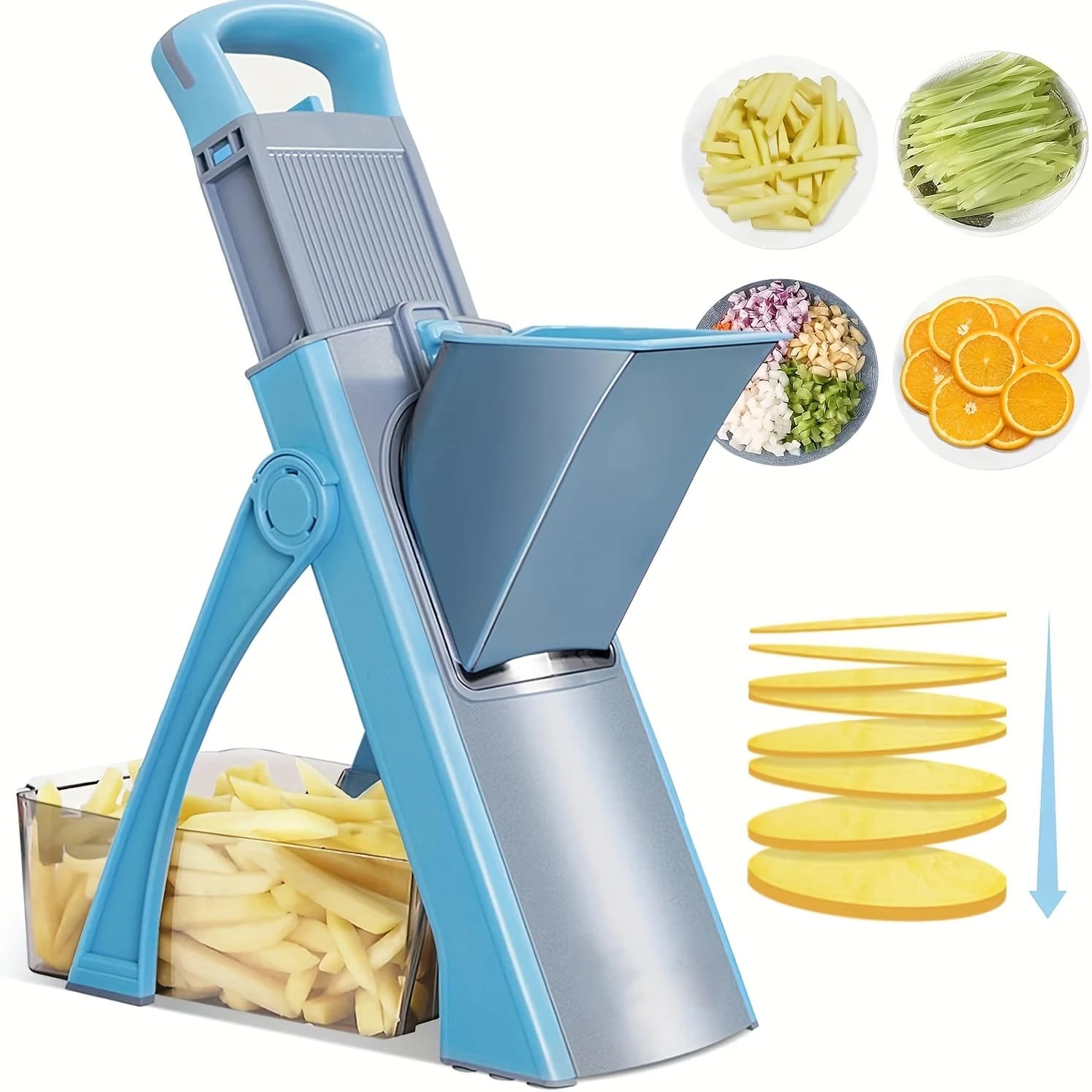 Cortador de vegetais seguro, picador de vegetais ajustável com cortador de 4 modos, artefato de corte de cozinha Julienne (azul celeste)