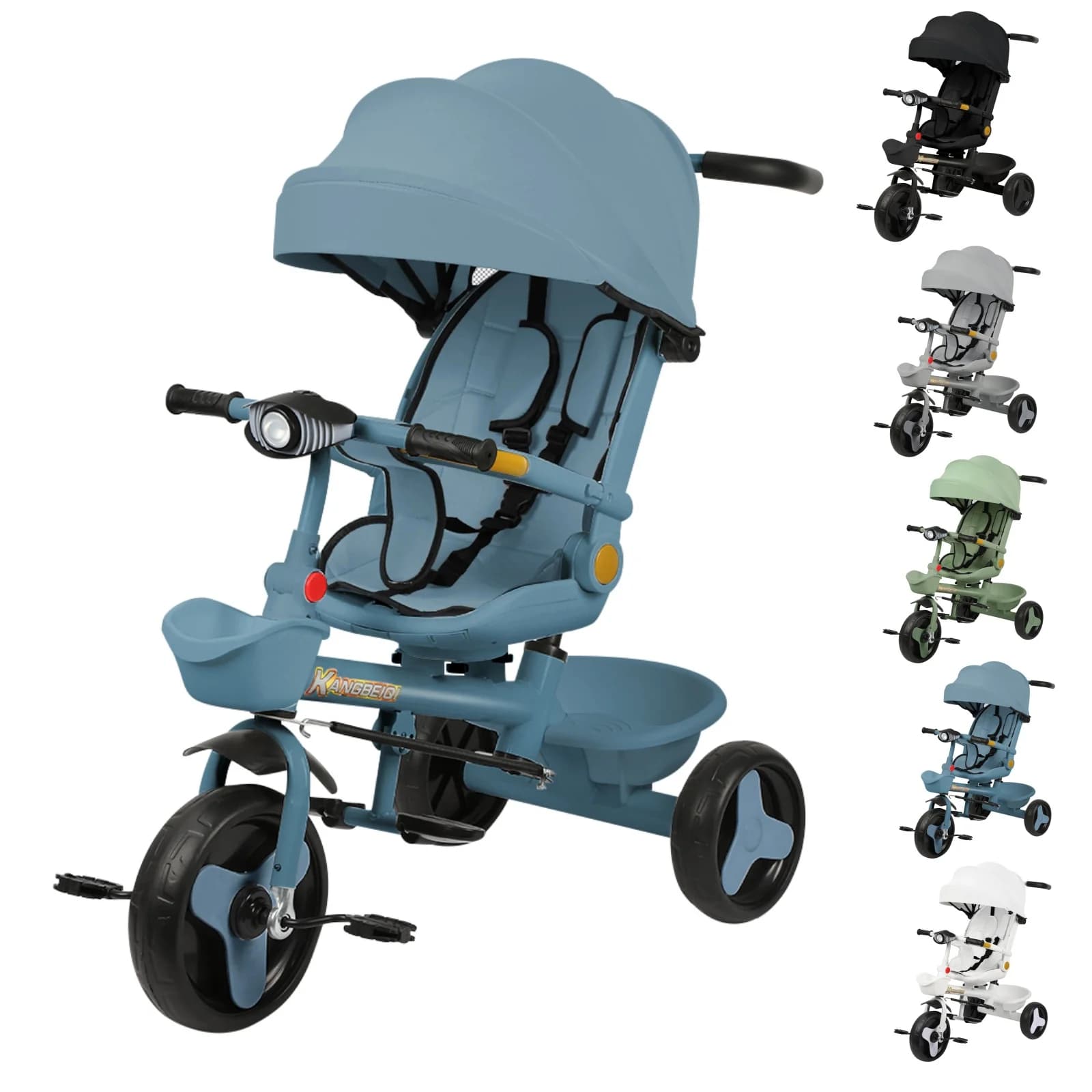 Triciclo de 10 meses, triciclo infantil, assento giratório, dossel dobrável com guarda-sol, porta-copos e cesta incluídos