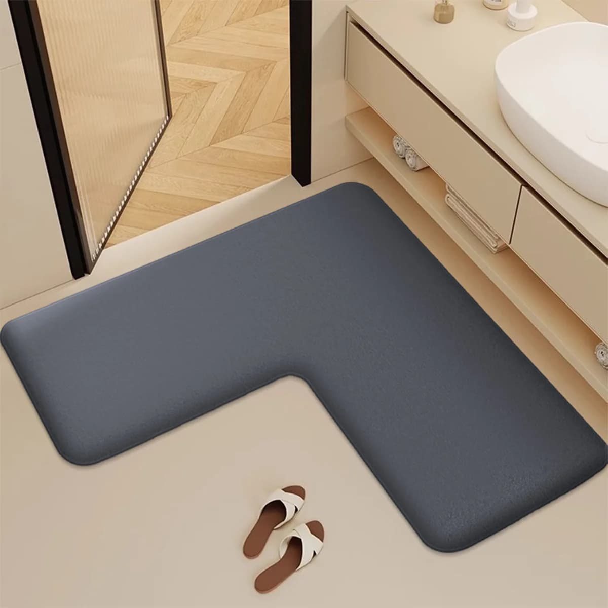 Tapete absorvente de flanela em forma de l para banheiro, tapete peludo para pés de banheiro, antiderrapante e resistente à sujeira