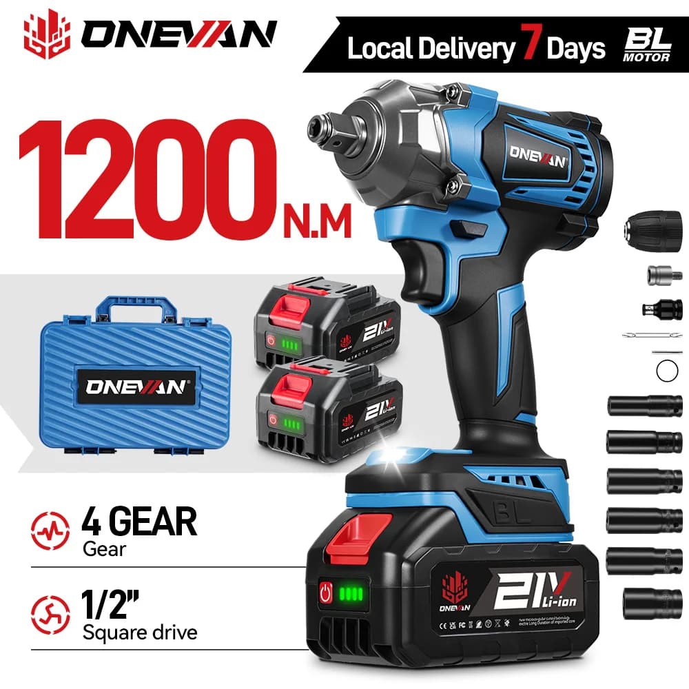 Chave de Impacto Elétrica Sem Escovas ONEVAN 1200N.M, Chave Sem Fio de 1/2 polegada, Ferramenta Elétrica para Bateria Makita 18V