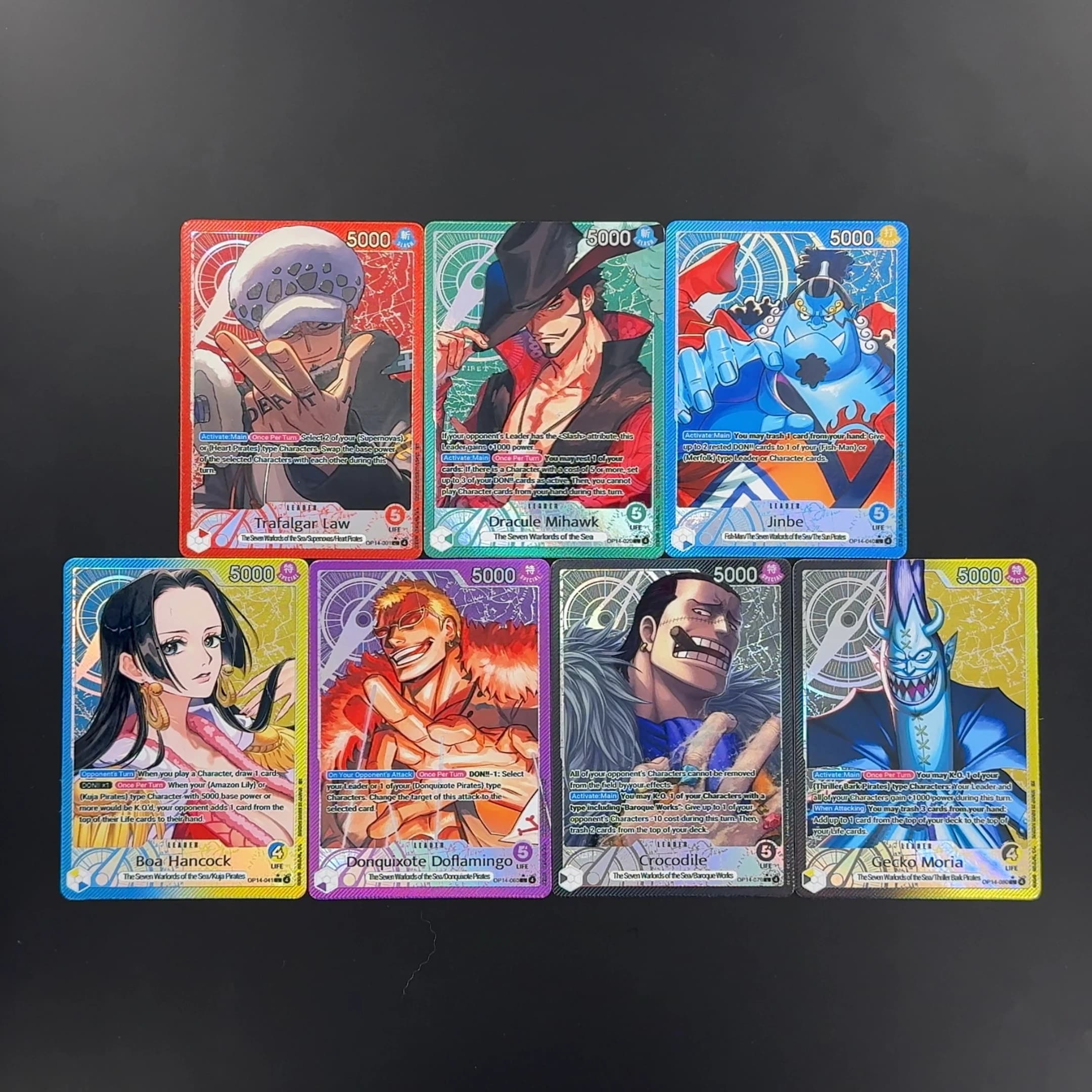 Uma peça tcg opcg inglês líder cartão op14 conjunto de cartão líder boa doflamingo lei corocdile mihawk jinbe moria cartão de folha texturizado