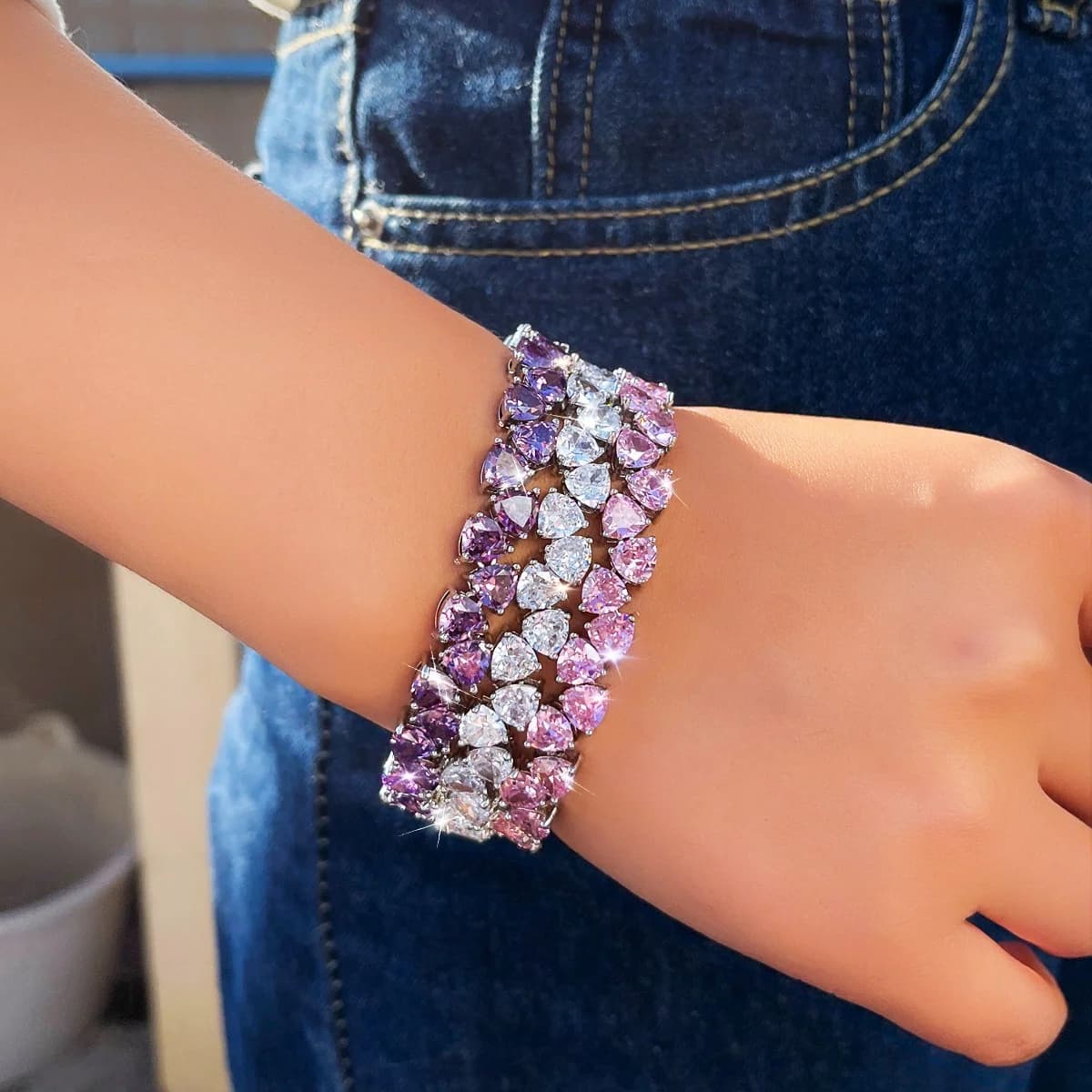 Pulseiras de Tênis Clássicas Pera com Cristais Roxos, Brancos e Rosas para Mulheres, Joias de Mão em Formato de Triângulo para Casamento, Atacado